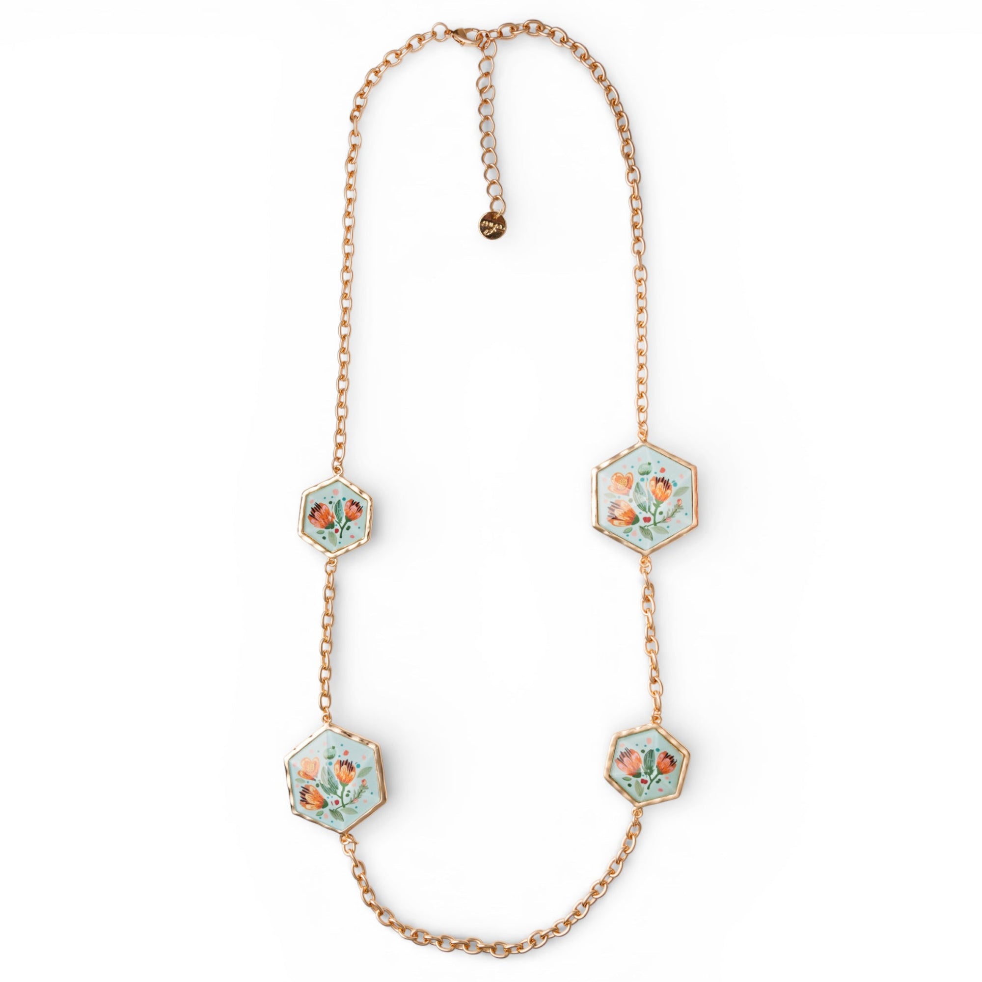 Collana lunga a catena con inserti esagonali in resina celeste design floreale - Mya Accessories