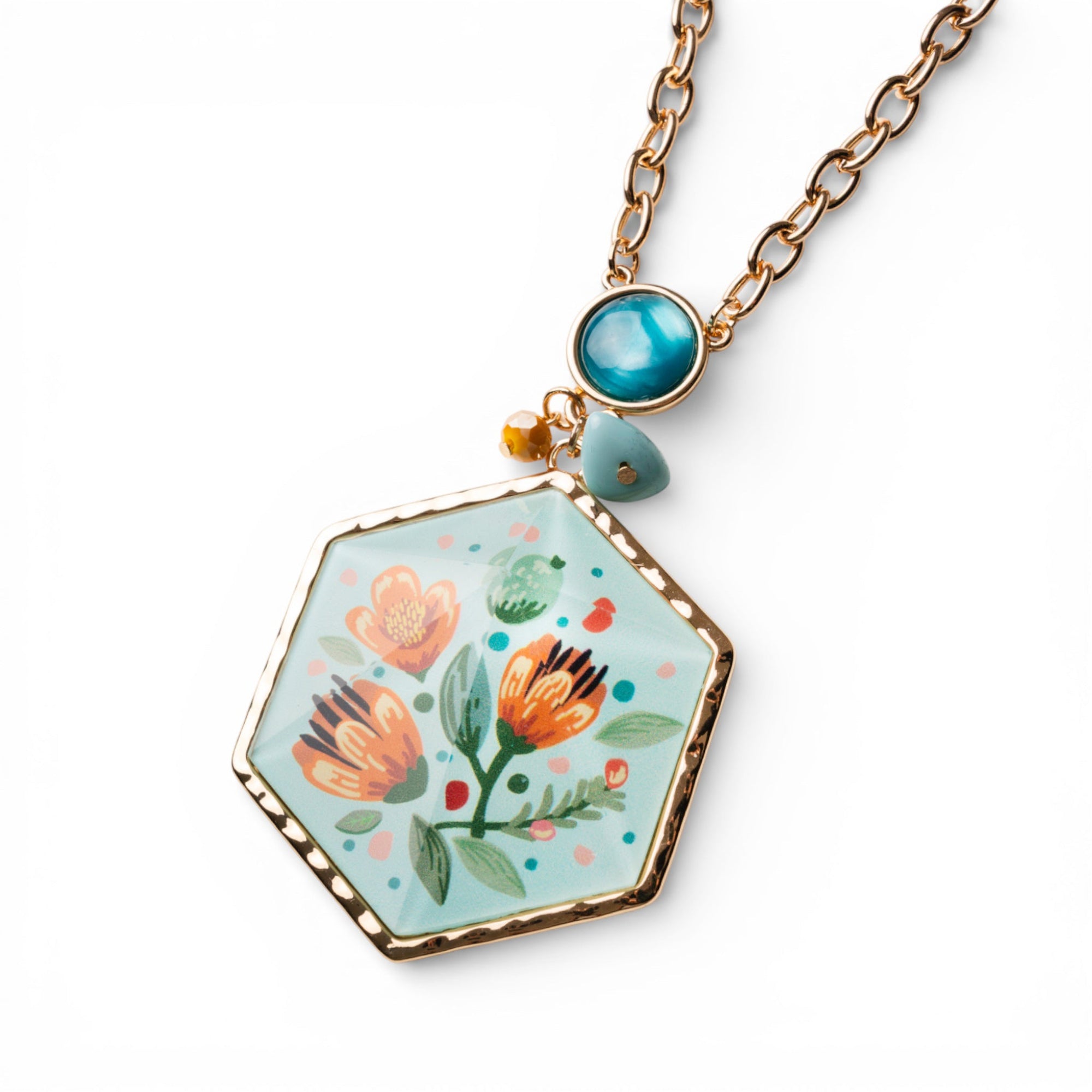 Collana lunga a catena con pendente a medaglione esagonale in resina celeste design floreale - Mya Accessories