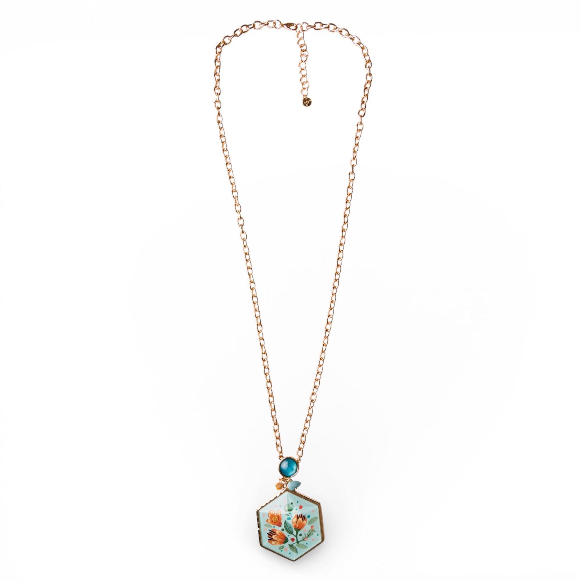 Collana lunga a catena con pendente a medaglione esagonale in resina celeste design floreale - Mya Accessories