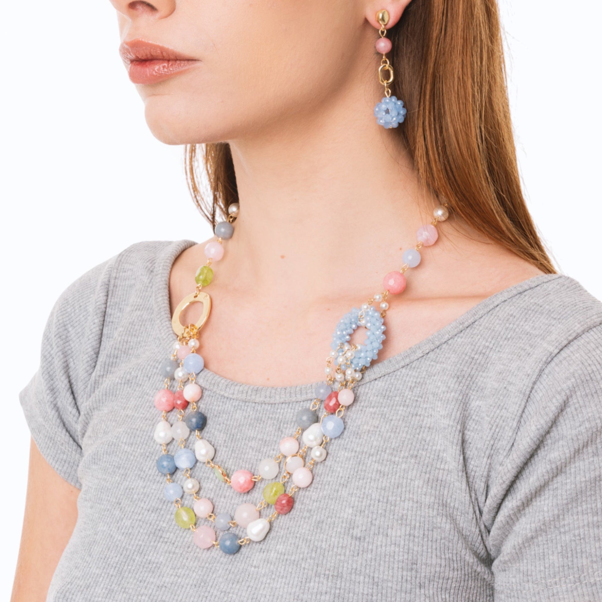 Collana girocollo multilinee con pietre dure e vetro multicolore - Mya Accessories