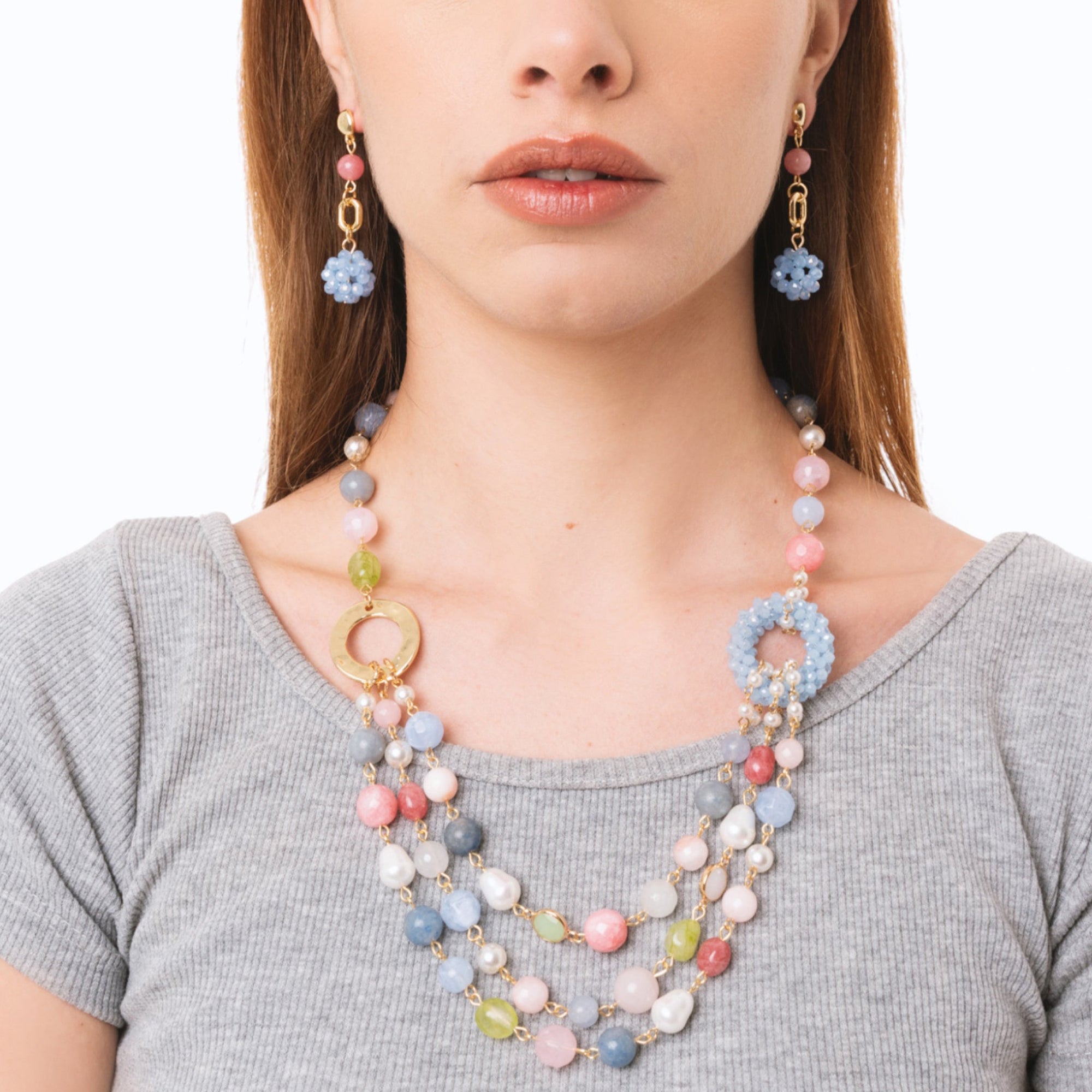 Collana girocollo multilinee con pietre dure e vetro multicolore - Mya Accessories