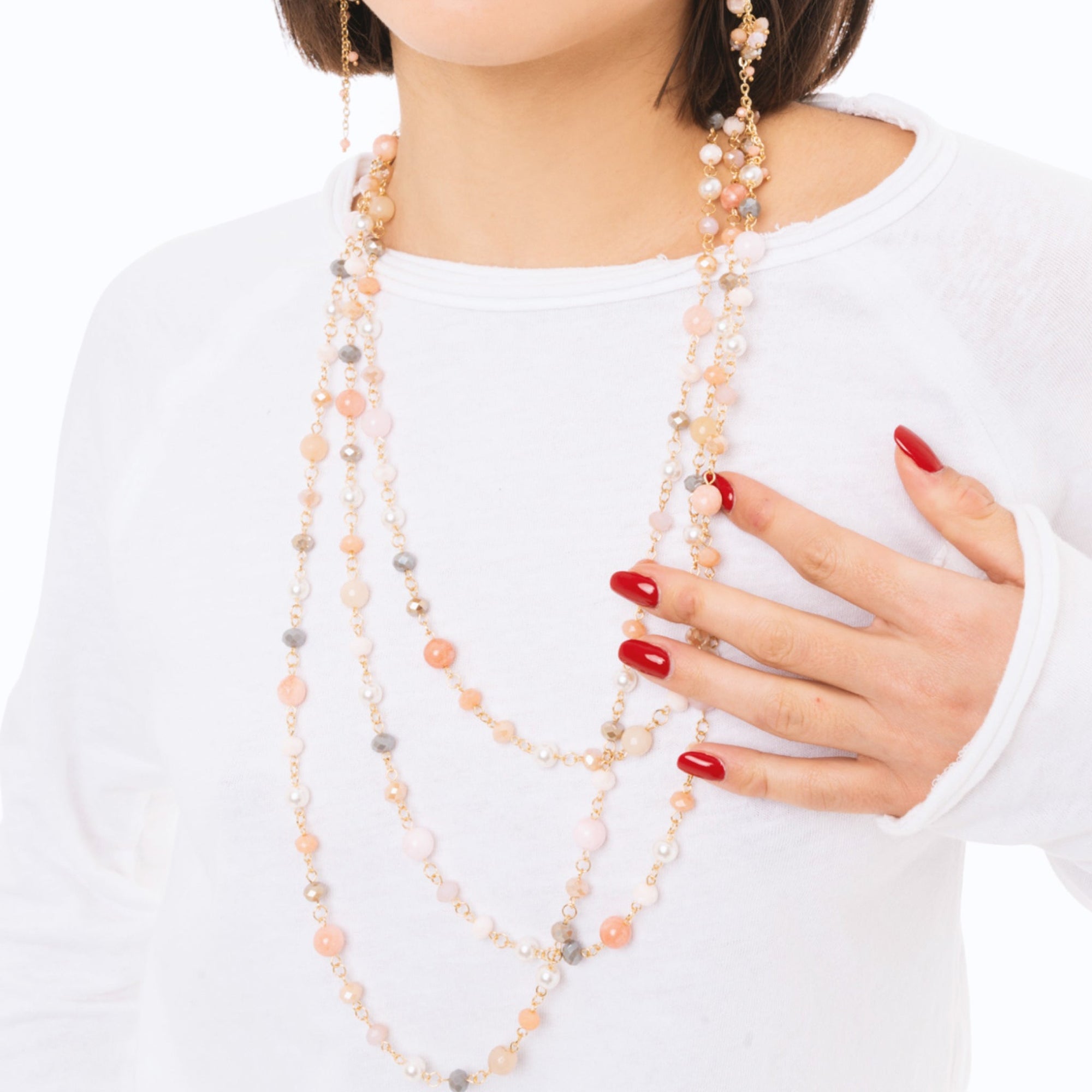 Collana multi filo con pietre dure e vetro tono rosa - Mya Accessories