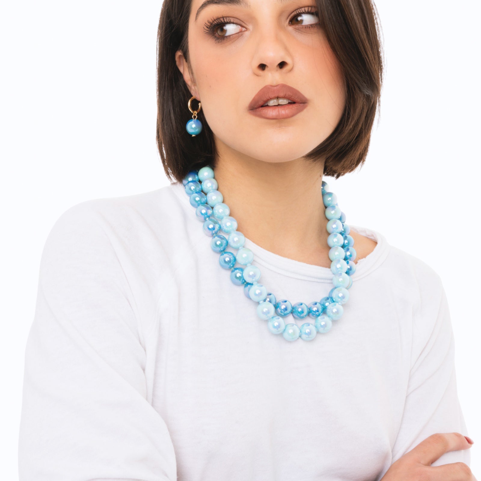 Collana girocollo con due fili di sfere in acrilico lucide tono blu - Mya Accessories