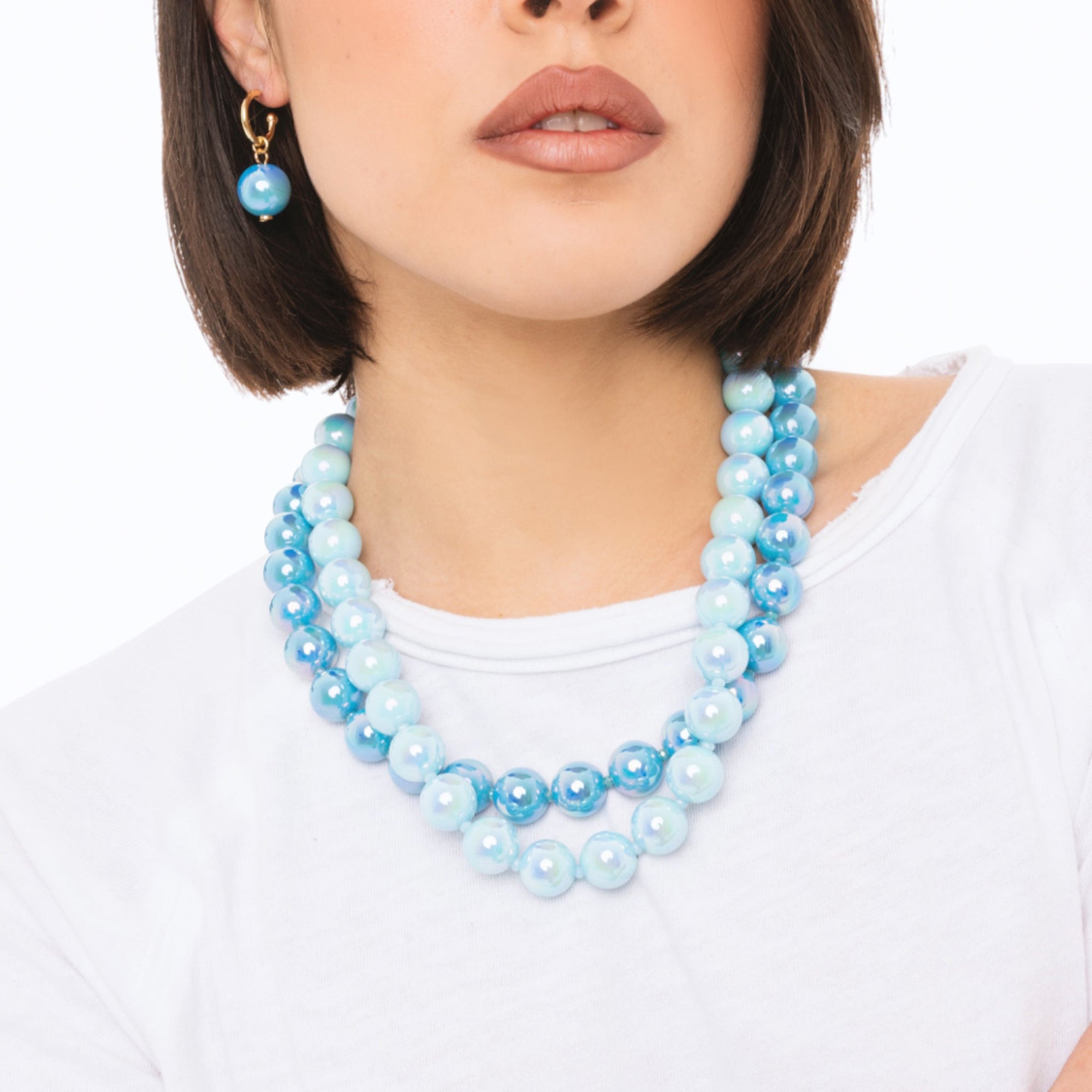 Collana girocollo con due fili di sfere in acrilico lucide tono blu - Mya Accessories