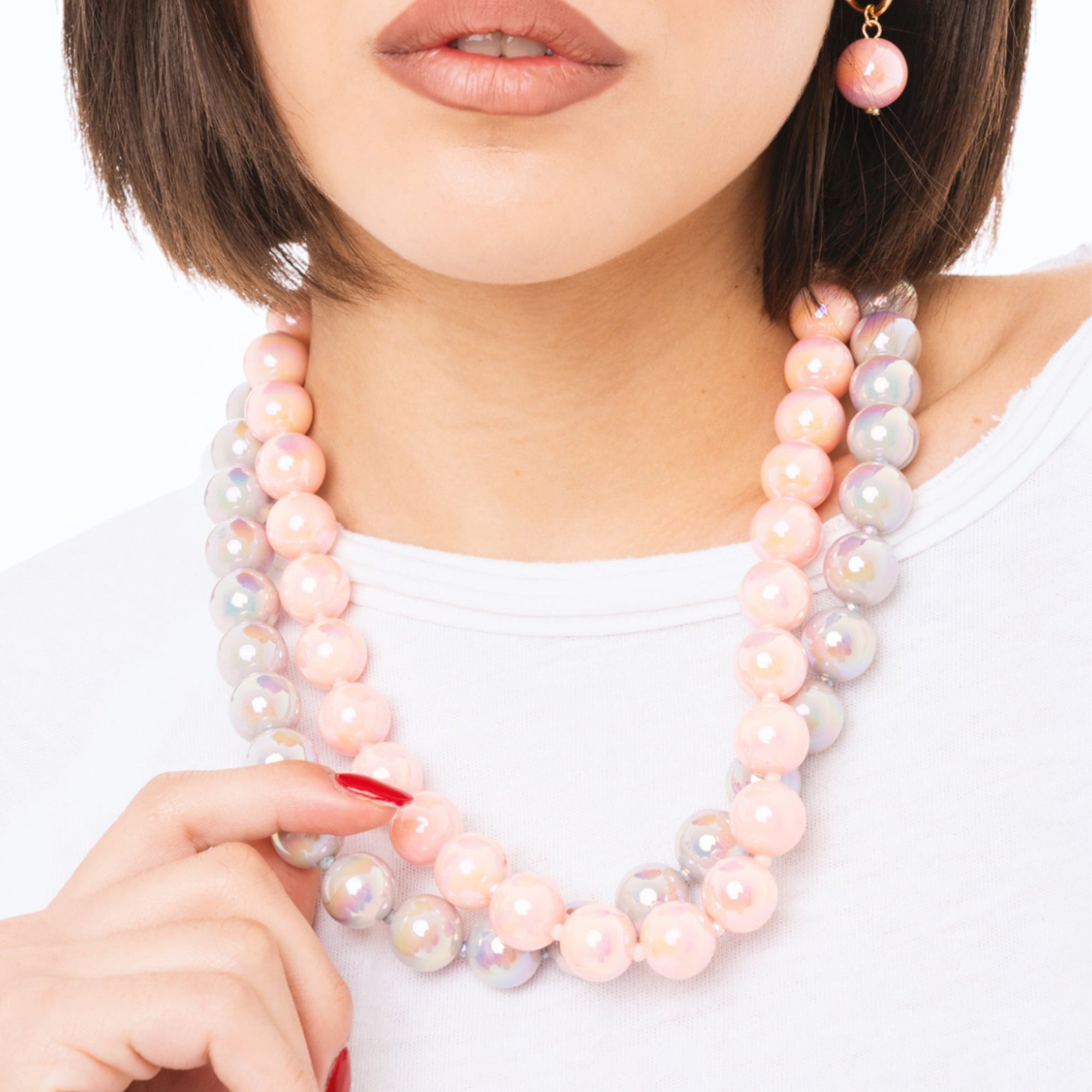 Collana girocollo con due fili di sfere in acrilico lucide rosa e grigio - Mya Accessories