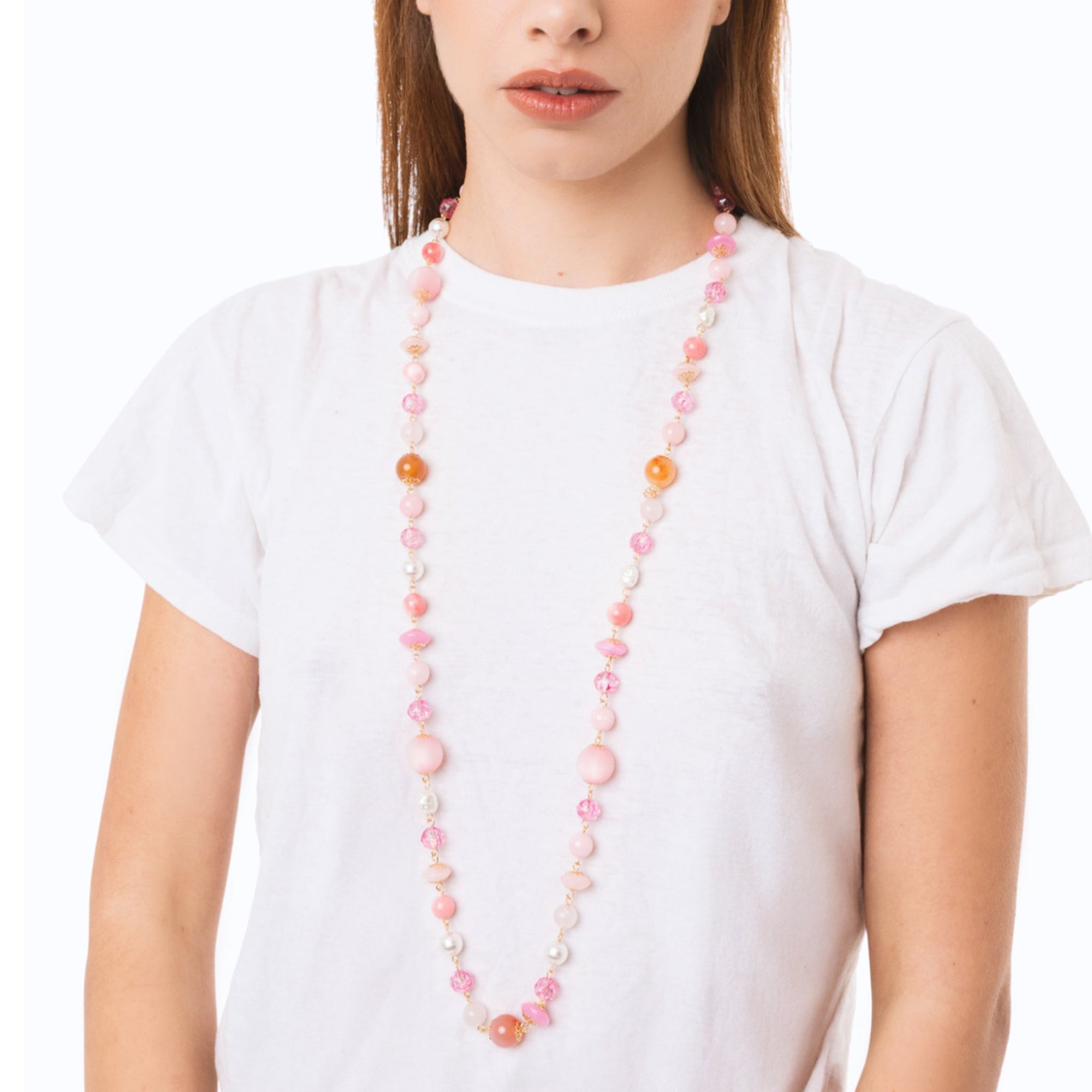 Collana lunga con pietre dure e vetro tono rosa - Mya Accessories