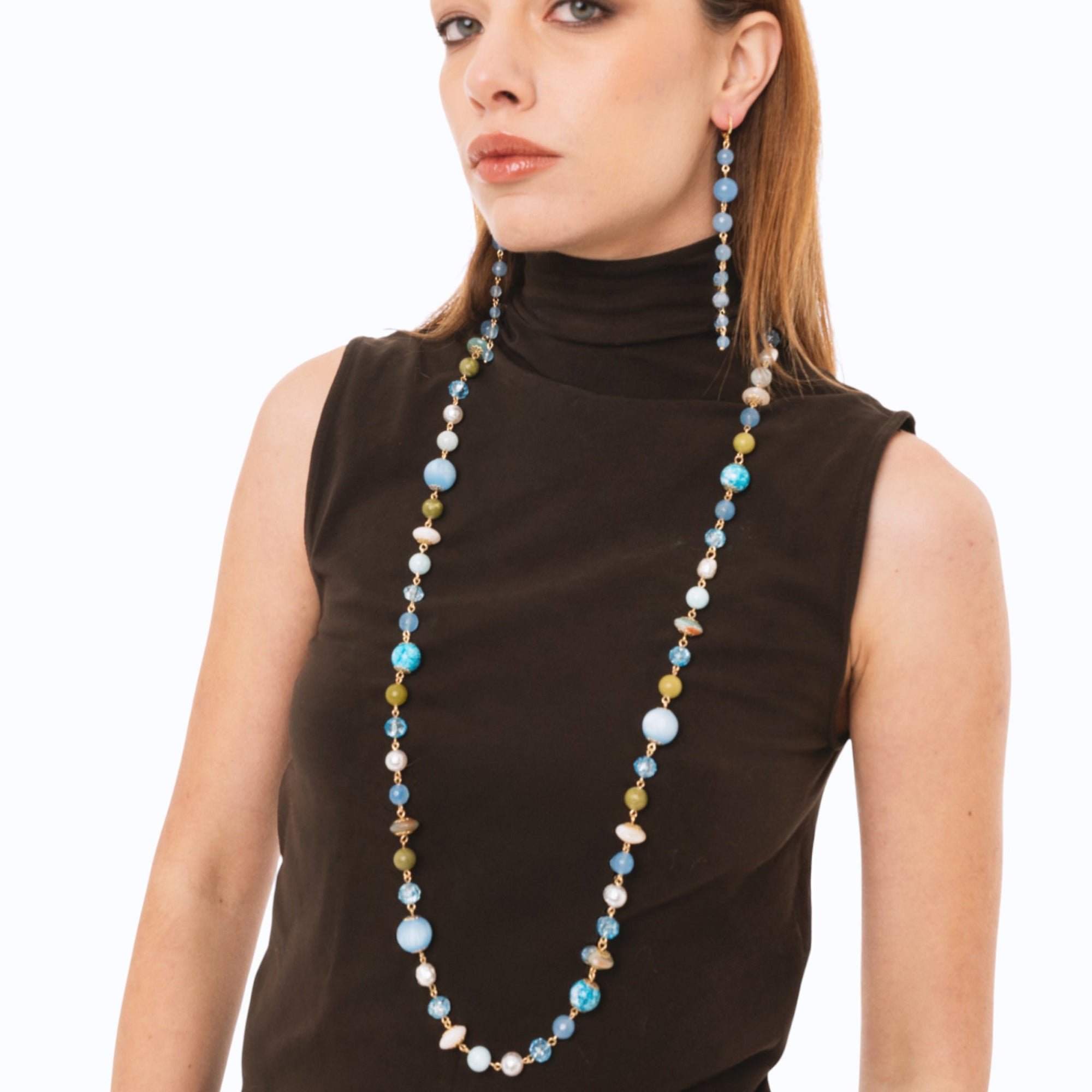 Collana lunga con pietre dure e vetro tono azzurro - Mya Accessories