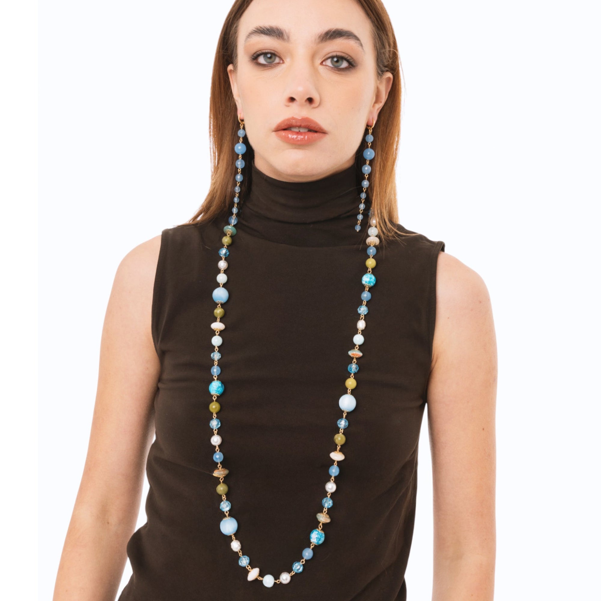 Collana lunga con pietre dure e vetro tono azzurro - Mya Accessories
