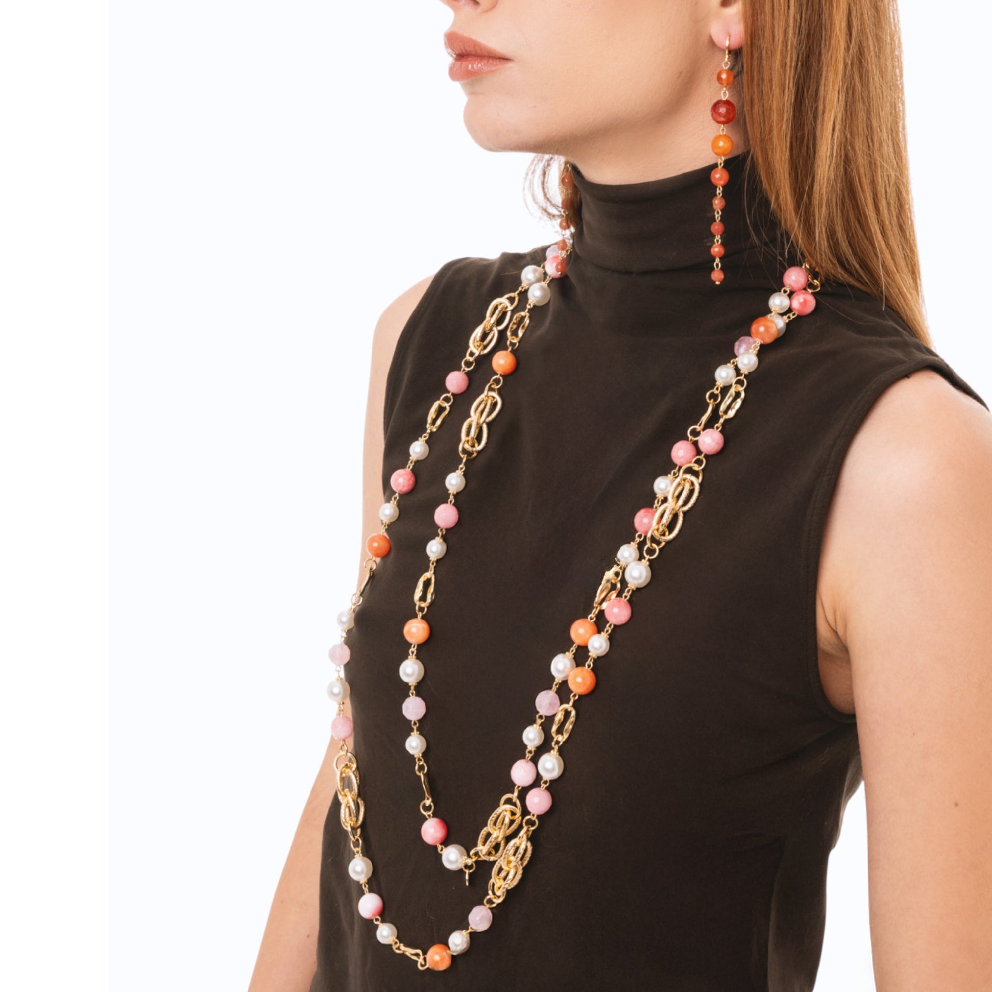 Collana lunga con pietre dure e vetro tono rosa - Mya Accessories
