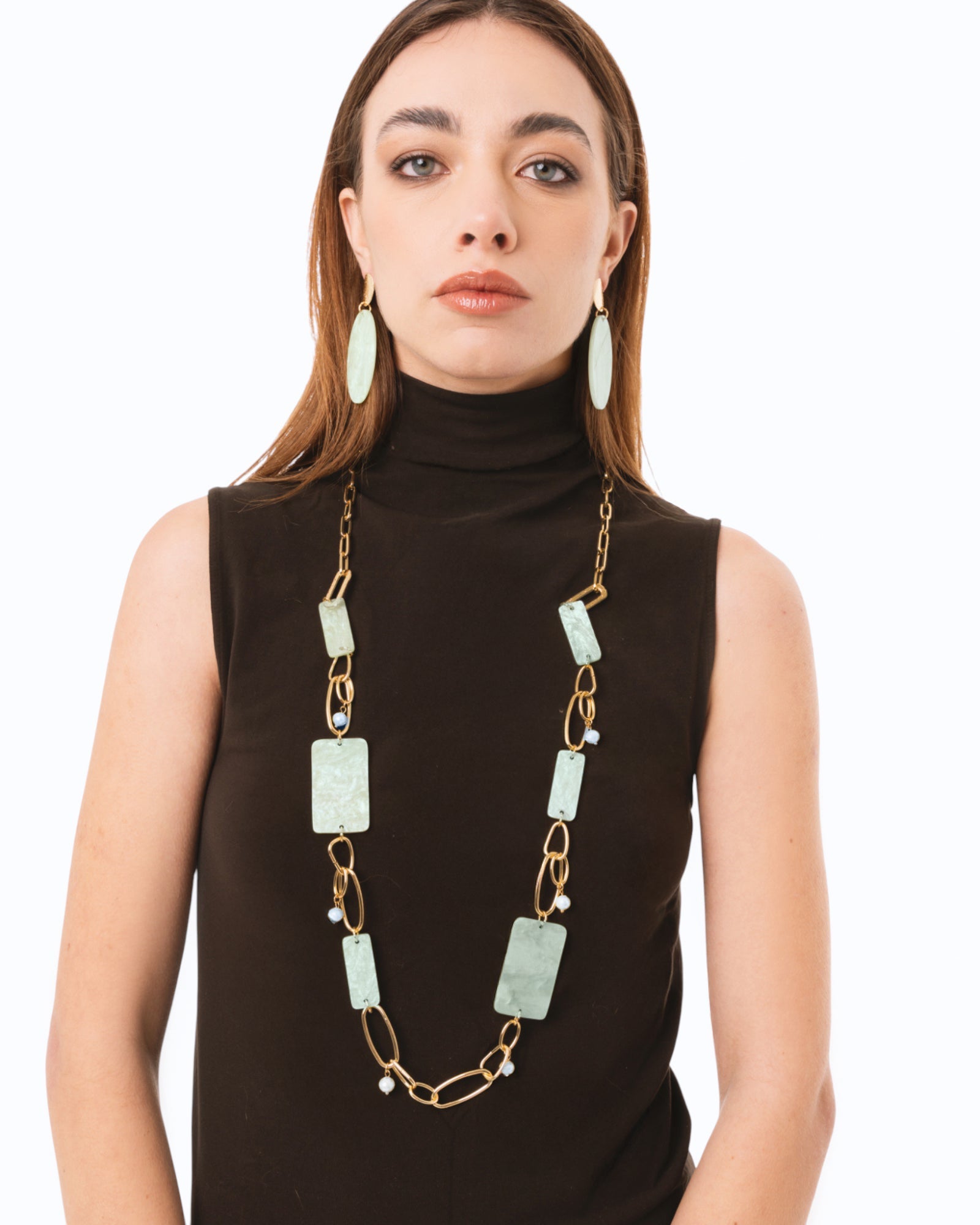 Collana lunga a catena con pietre rettangolari in acrilico verde - Mya Accessories