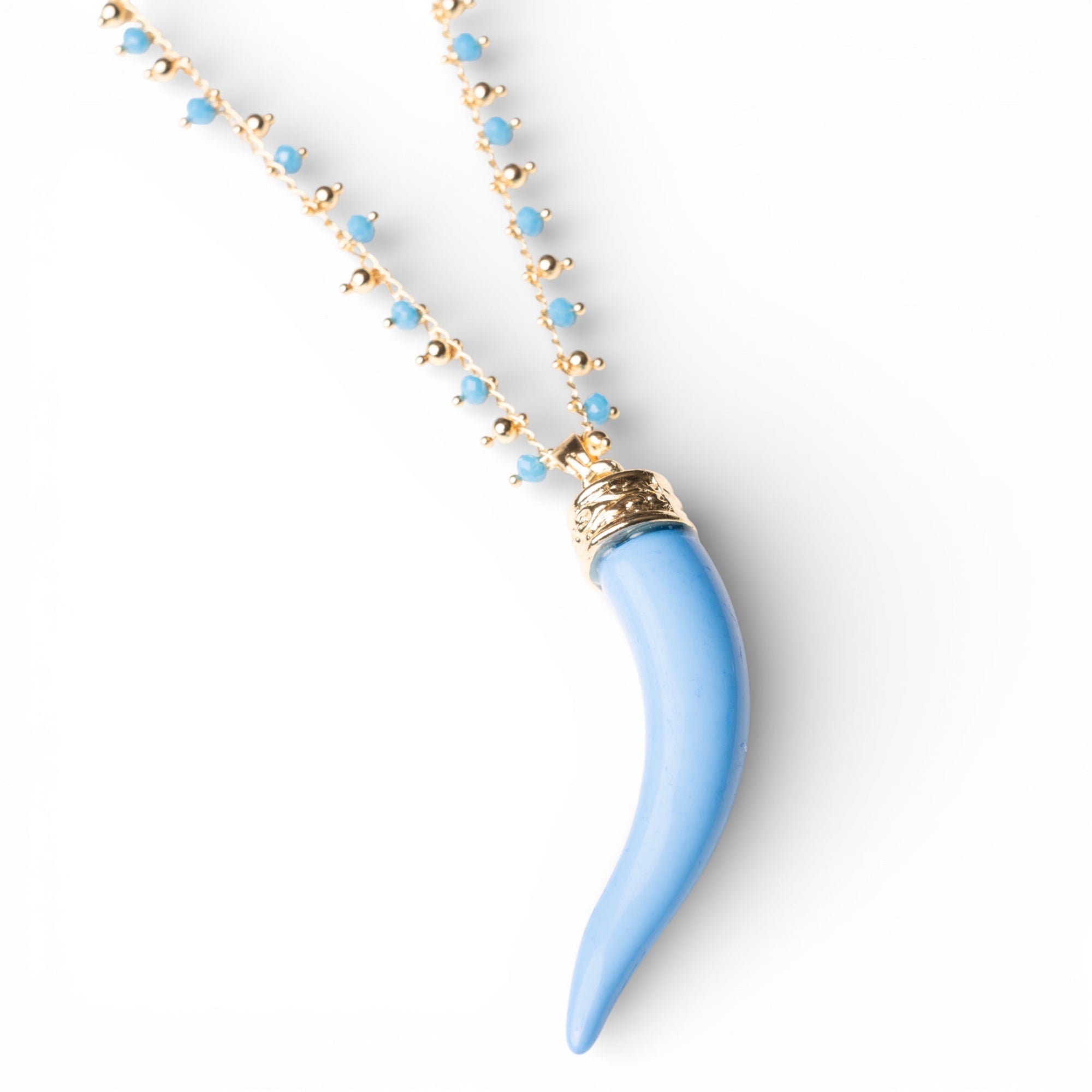 Collana lunga a catena con pendente corno in resina e vetro celeste - Mya Accessories