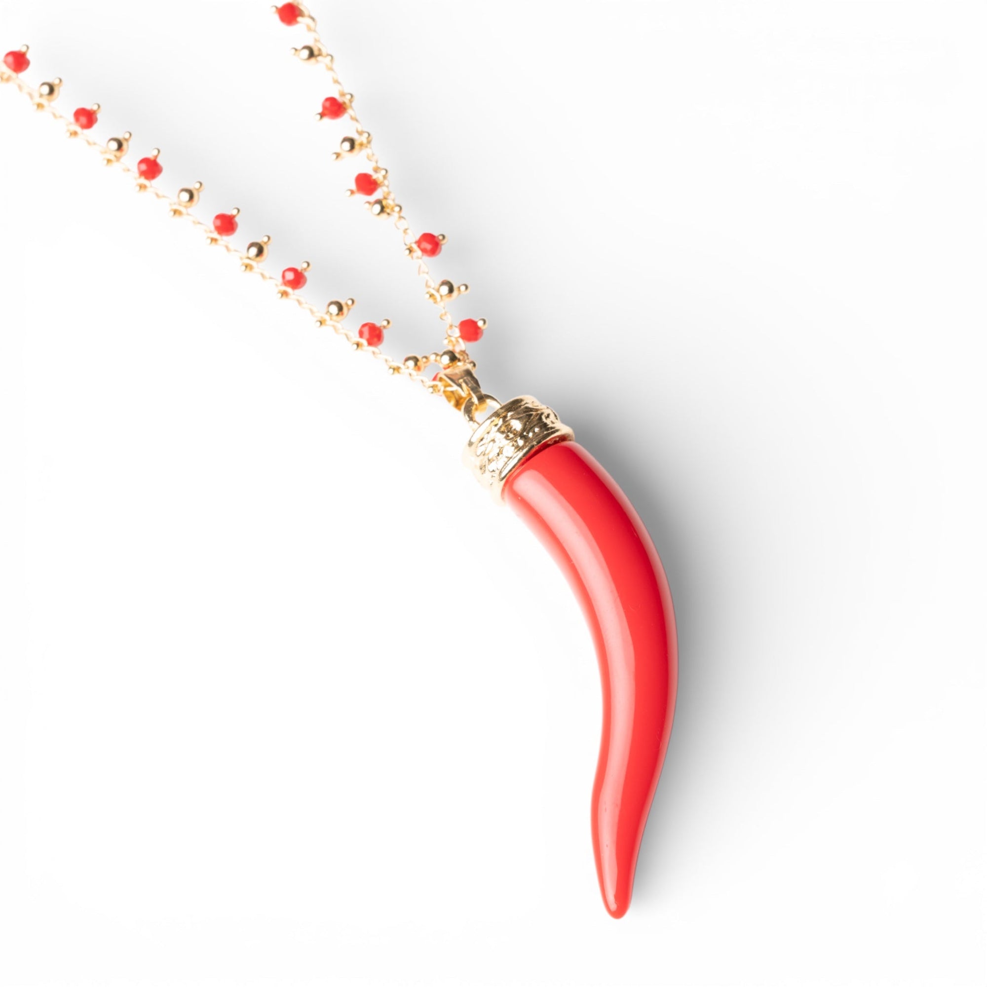 Collana lunga a catena con pendente corno in resina e vetro rosso - Mya Accessories