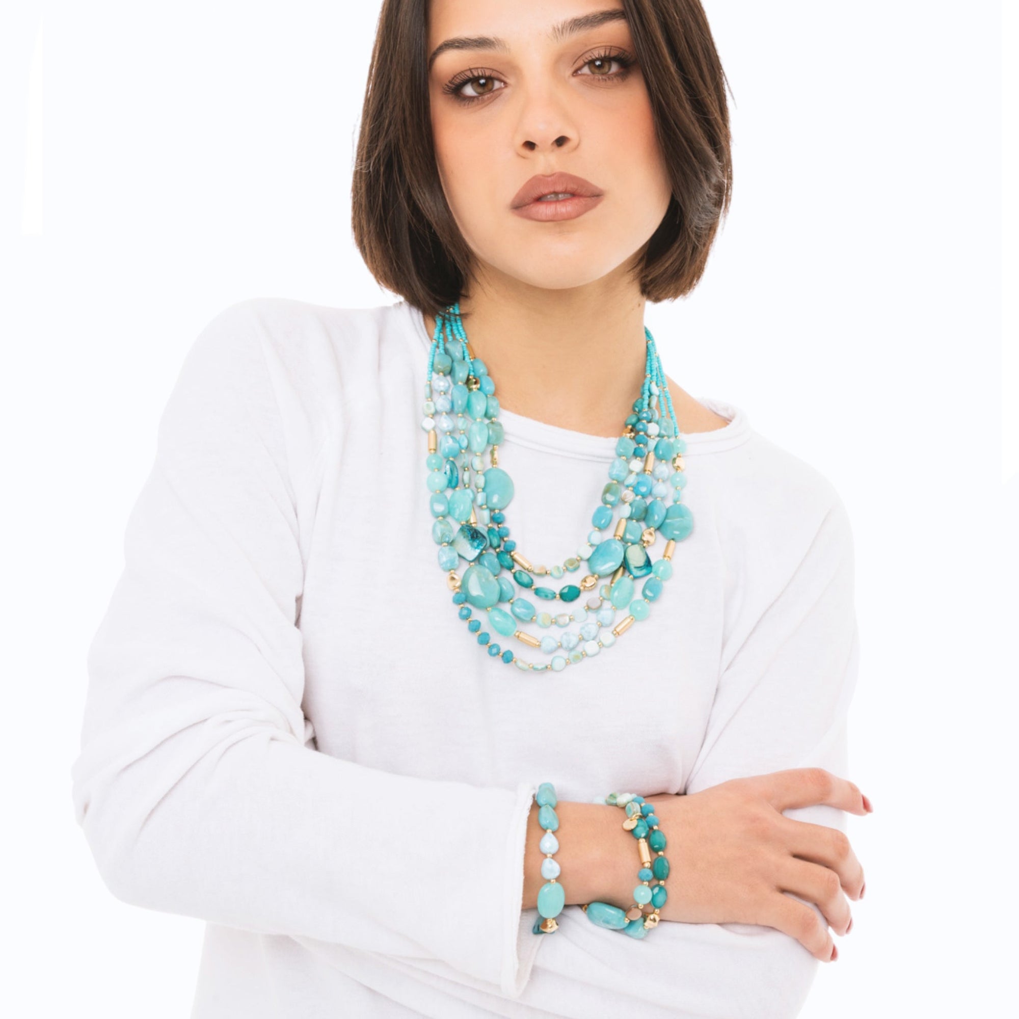 Collana multi fili con pietre in acrilico e vetro turchesi - Mya Accessories