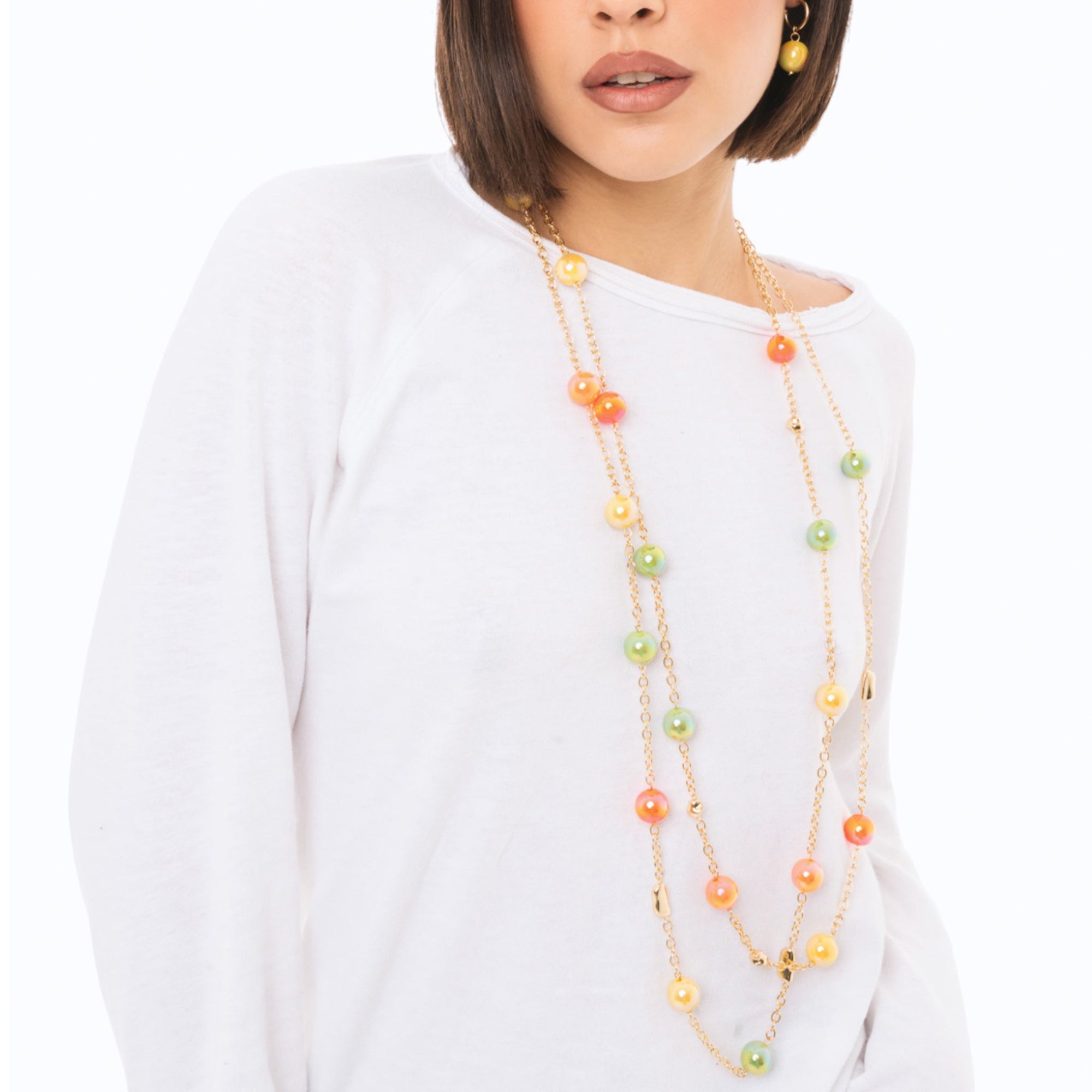 Collana lunga a due linee in catena con sfere in acrilico lucide multicolore - Mya Accessories