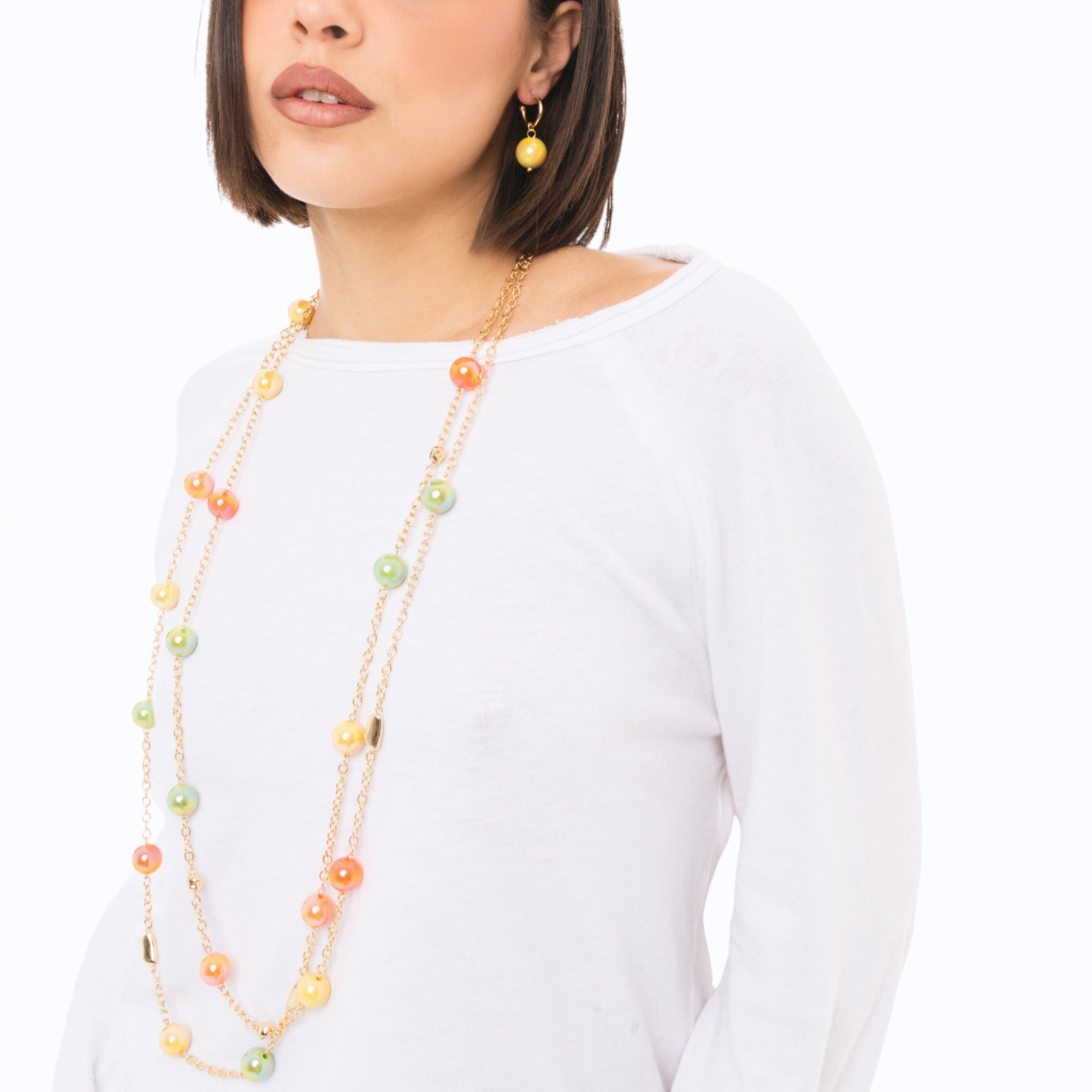 Collana lunga a due linee in catena con sfere in acrilico lucide multicolore - Mya Accessories