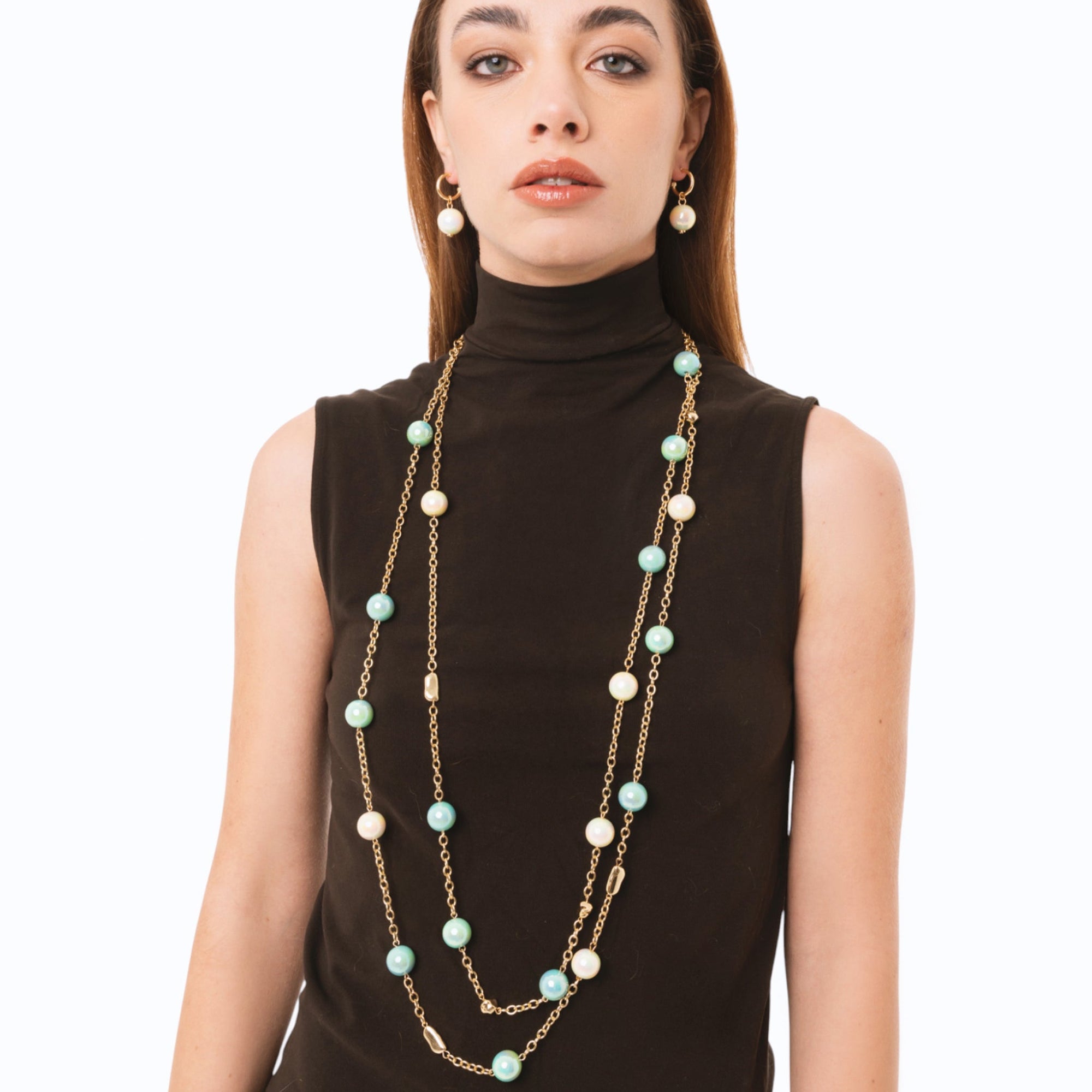 Collana lunga a due linee in catena con sfere in acrilico lucide multi verde - Mya Accessories