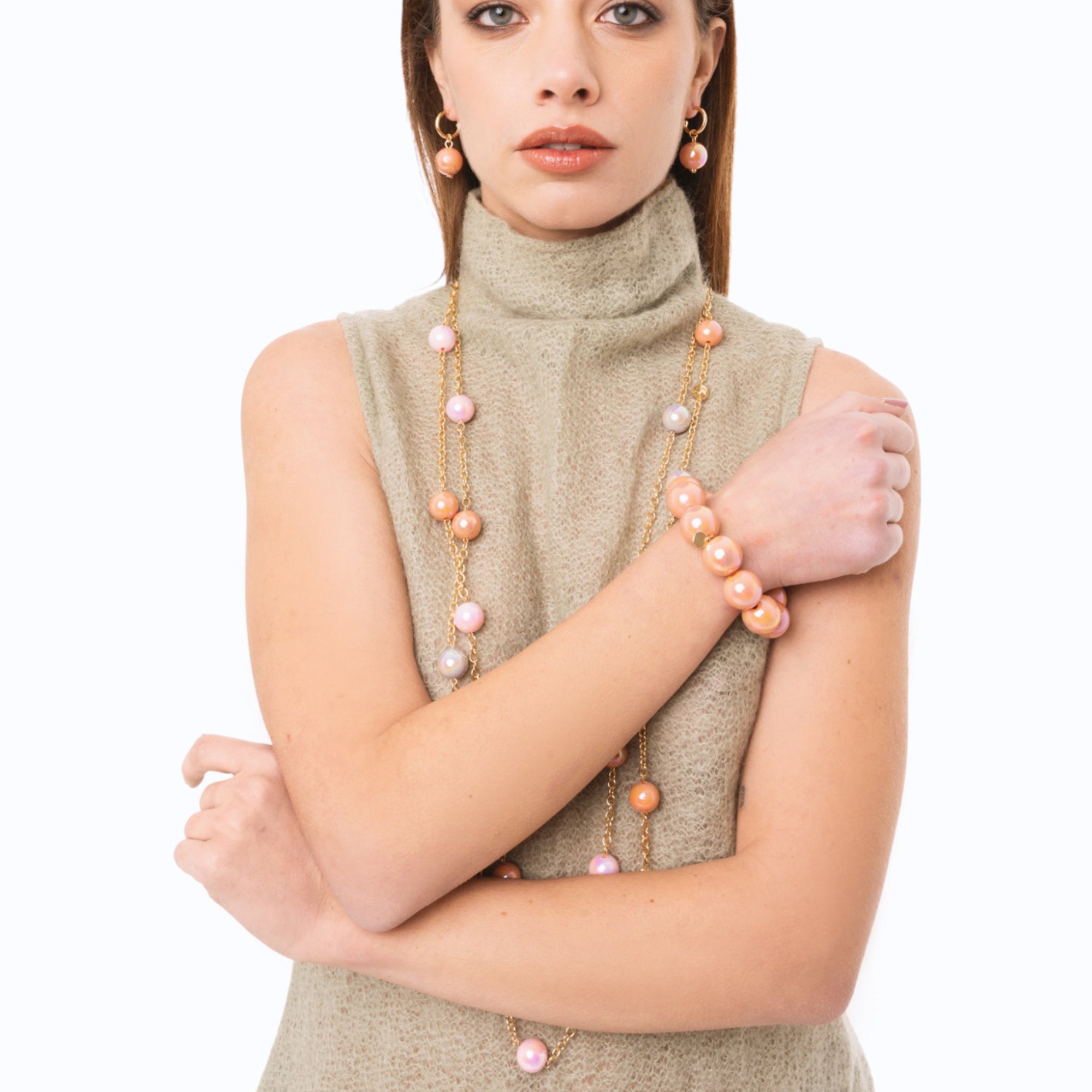 Collana lunga a due linee in catena con sfere in acrilico lucide multi rosa - Mya Accessories