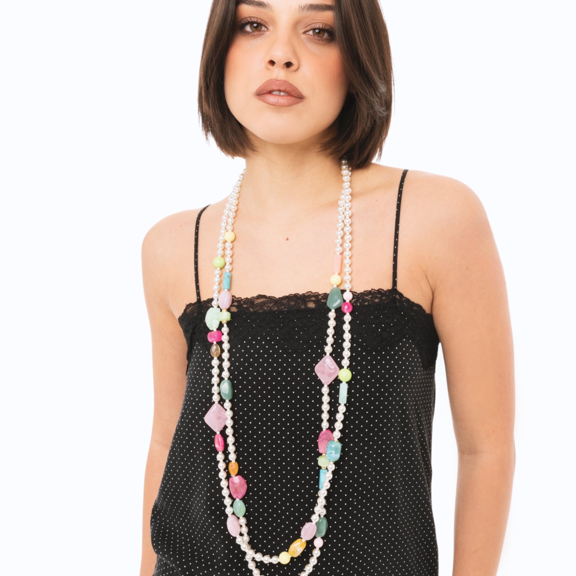 Collana lunga a due linee di perle in acrilico con inserti in vetro multicolore - Mya Accessories
