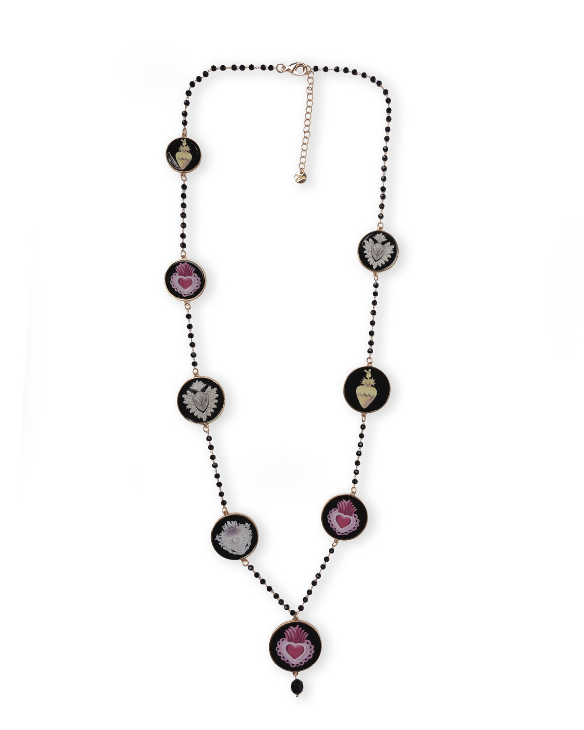 Collana lunga con pietre in vetro e medagliette con cuore sacro multicolore - Mya Accessories