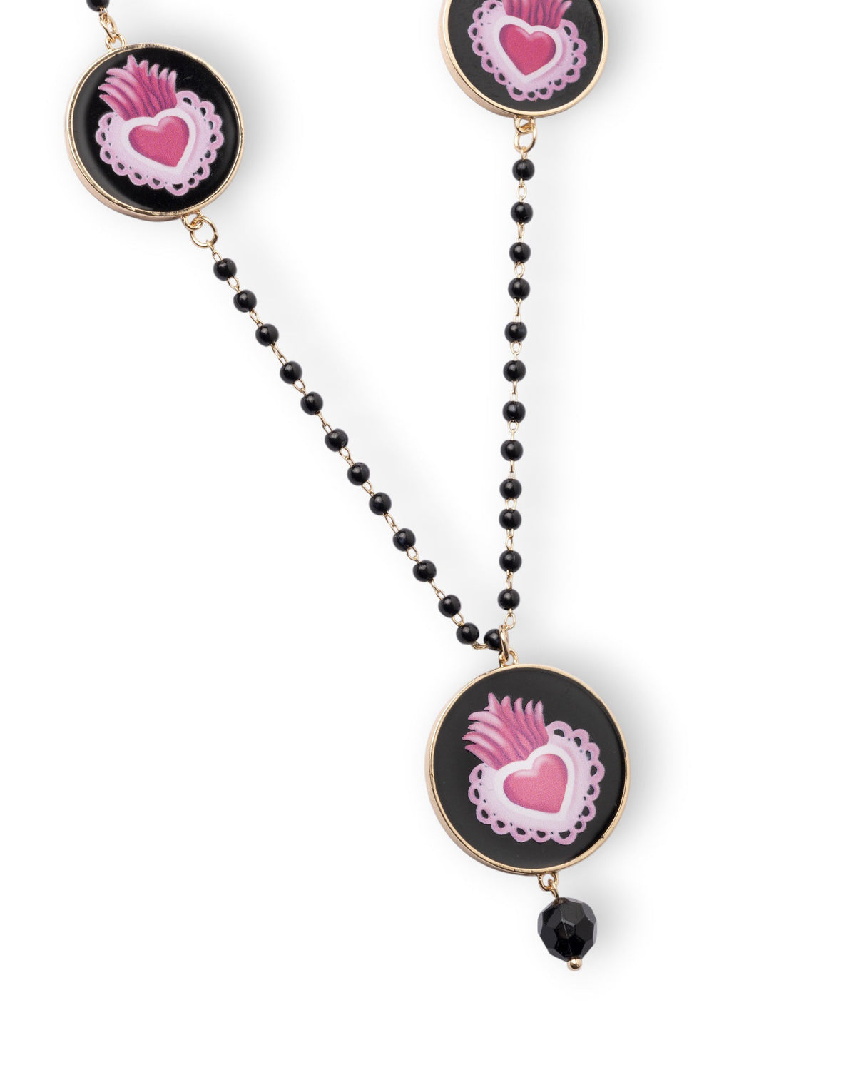 Collana lunga con pietre in vetro e medagliette con cuore sacro fucsia - Mya Accessories