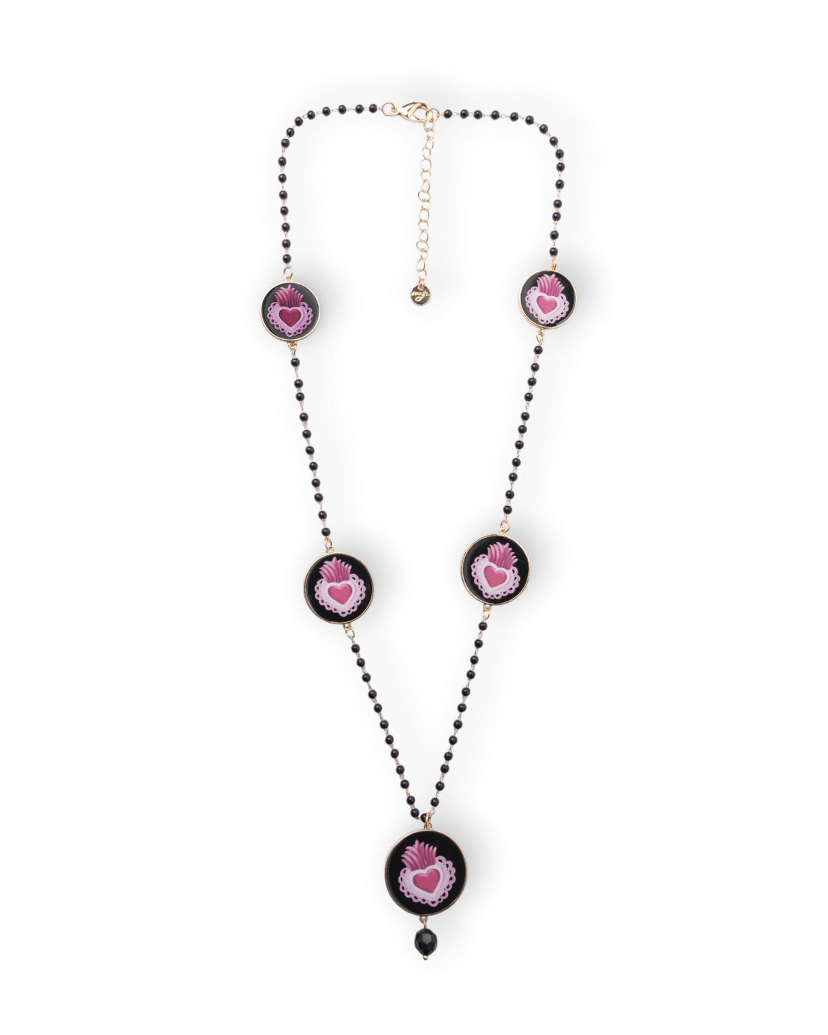 Collana lunga con pietre in vetro e medagliette con cuore sacro fucsia - Mya Accessories