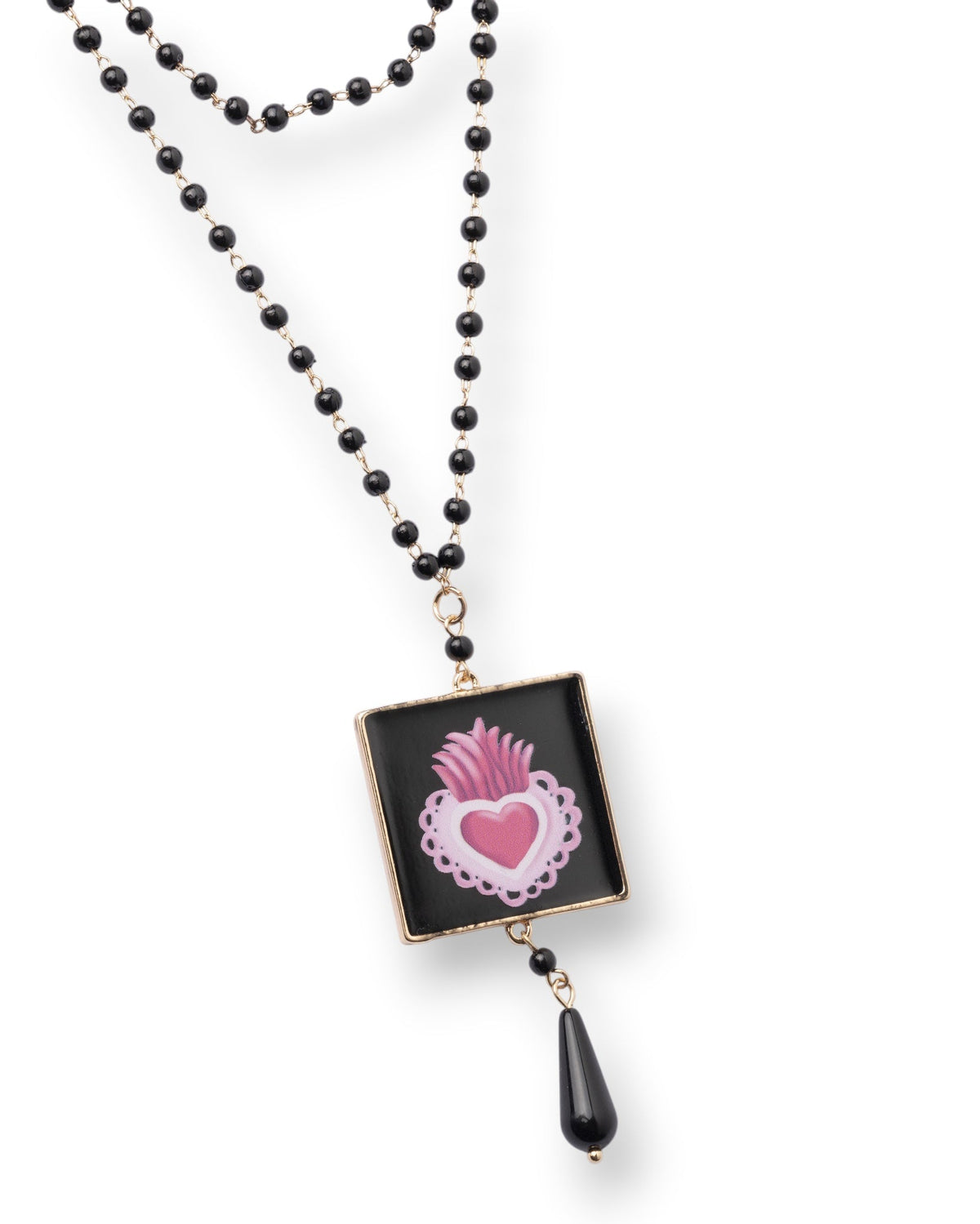 Collana a due fili con pietre in vetro e pendente quadrato con cuore sacro fucsia - Mya Accessories