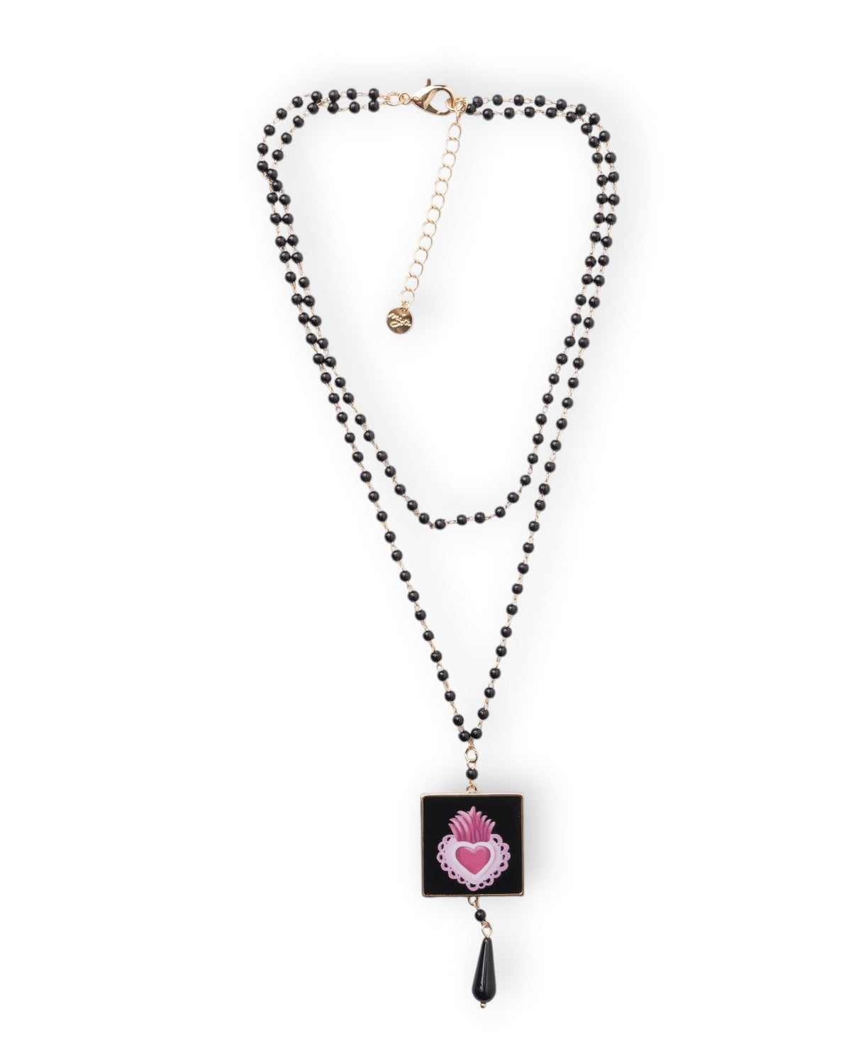 Collana a due fili con pietre in vetro e pendente quadrato con cuore sacro fucsia - Mya Accessories