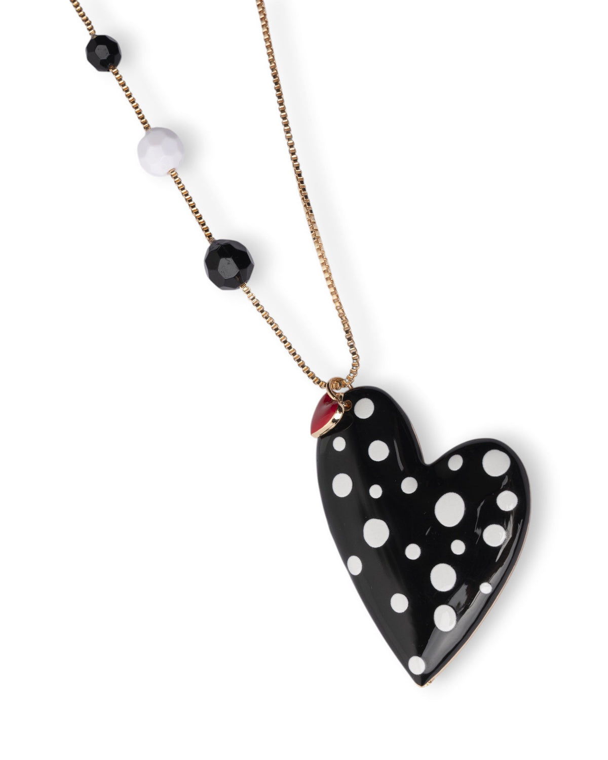 Collana lunga con pietre dure e pendente a cuore smaltato a pois bianco e nero - Mya Accessories