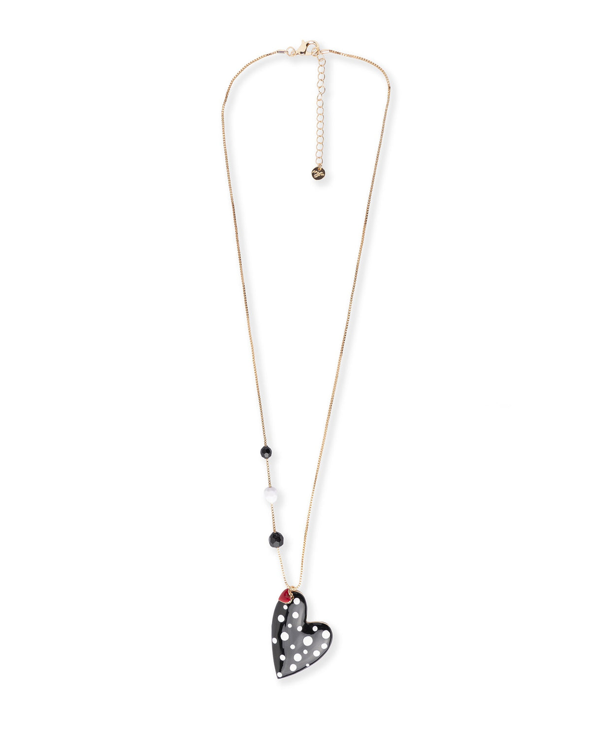 Collana lunga con pietre dure e pendente a cuore smaltato a pois bianco e nero - Mya Accessories