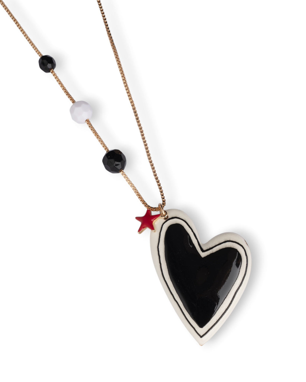 Collana lunga con pietre dure e pendente a cuore smaltato bianco e nero - Mya Accessories