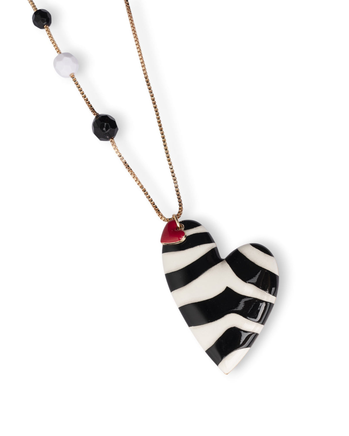 Collana lunga con pietre dure e pendente a cuore smaltato zebrato bianco e nero - Mya Accessories