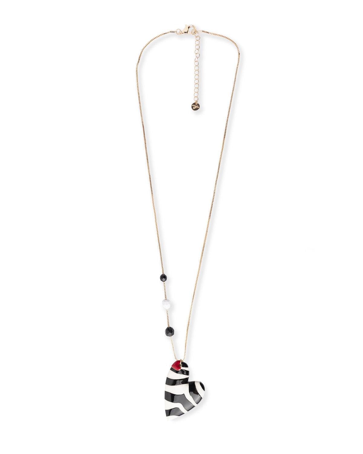 Collana lunga con pietre dure e pendente a cuore smaltato zebrato bianco e nero - Mya Accessories