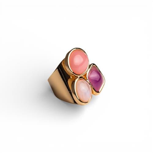Anello regolabile a fascia in metallo con tris di pietre in resina multi rosa - Mya Accessories