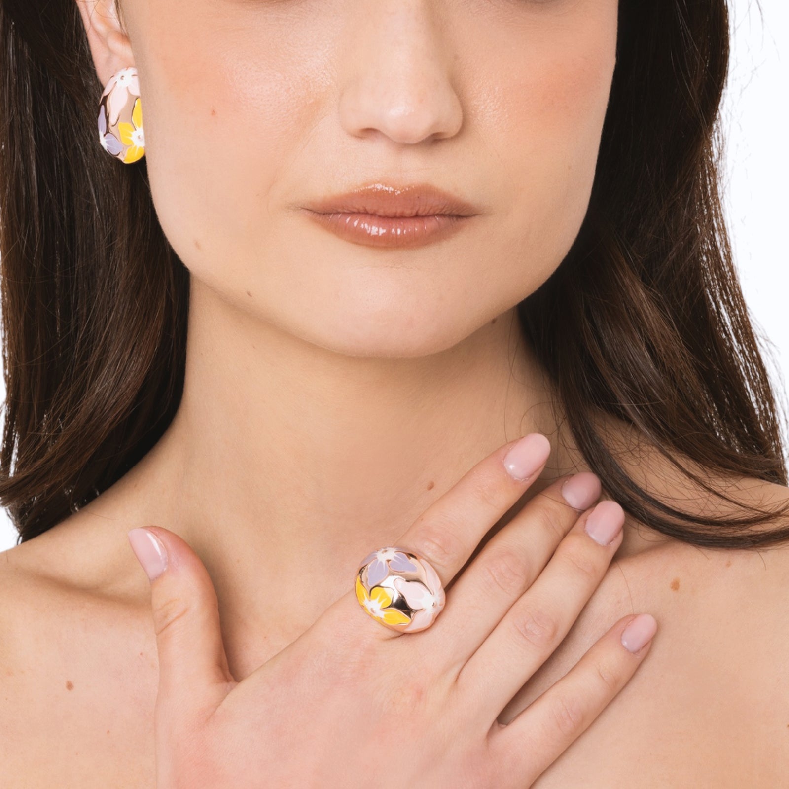Anello in metallo elastico smaltato con fiori gialli e rosa - Mya Accessories