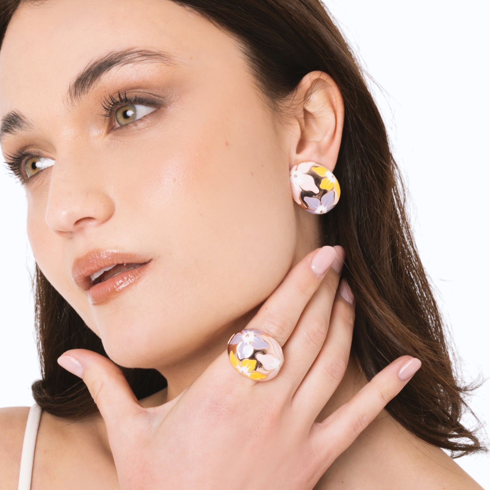 Anello in metallo elastico smaltato con fiori gialli e rosa - Mya Accessories