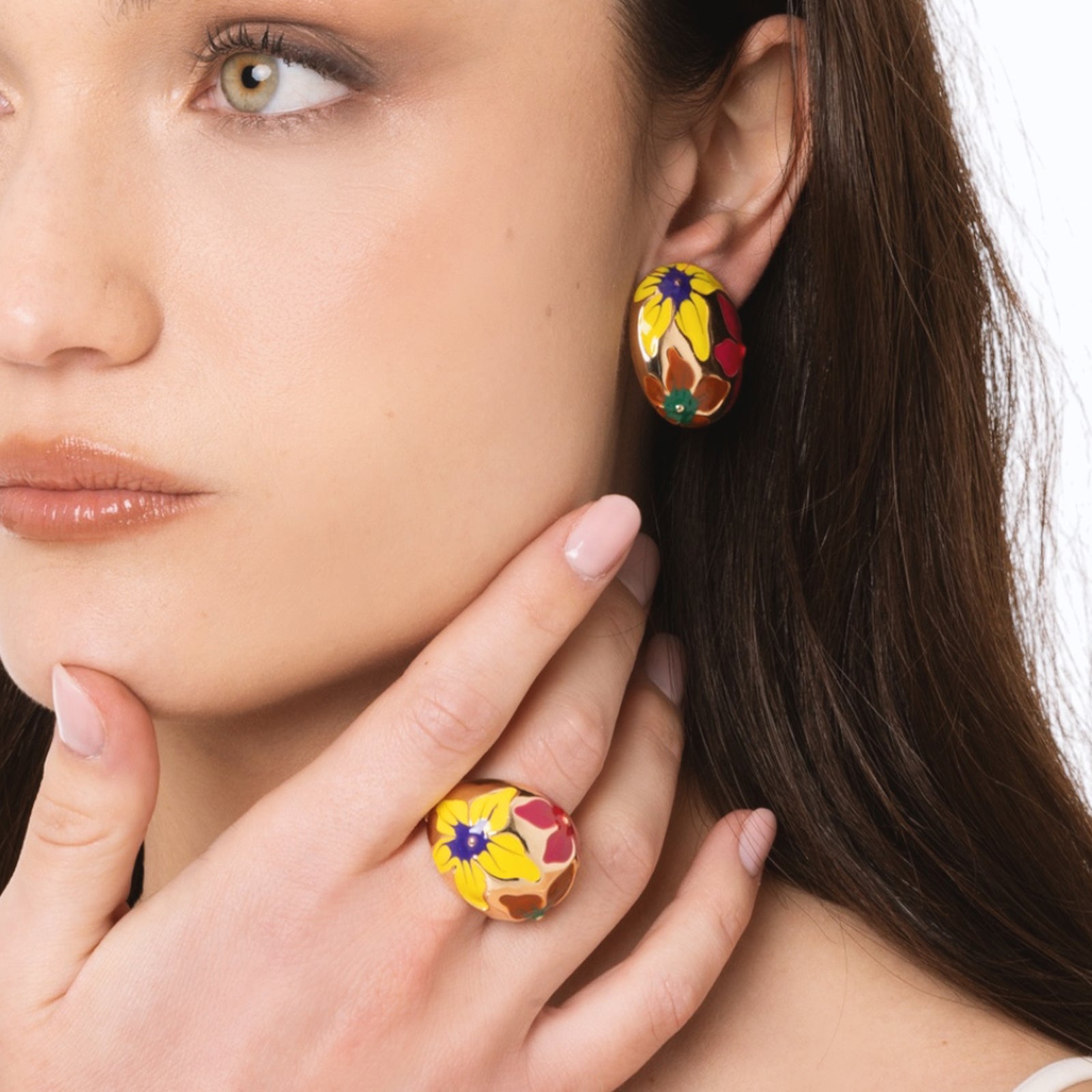 Anello in metallo elastico smaltato con fiori gialli e fucsia - Mya Accessories