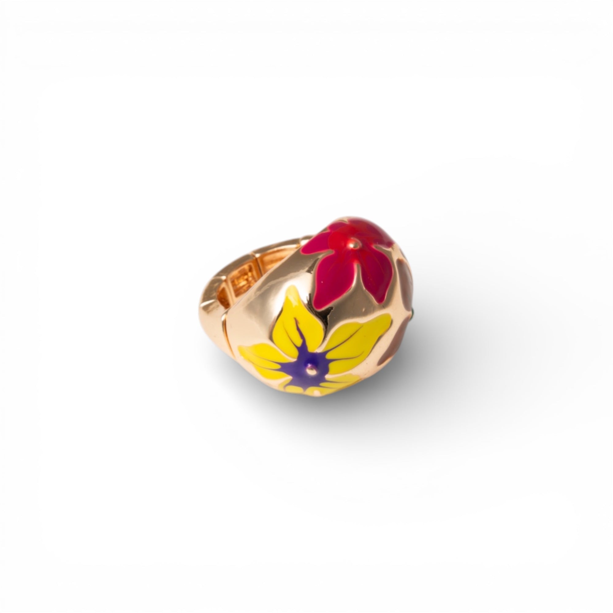 Anello in metallo elastico smaltato con fiori gialli e fucsia - Mya Accessories