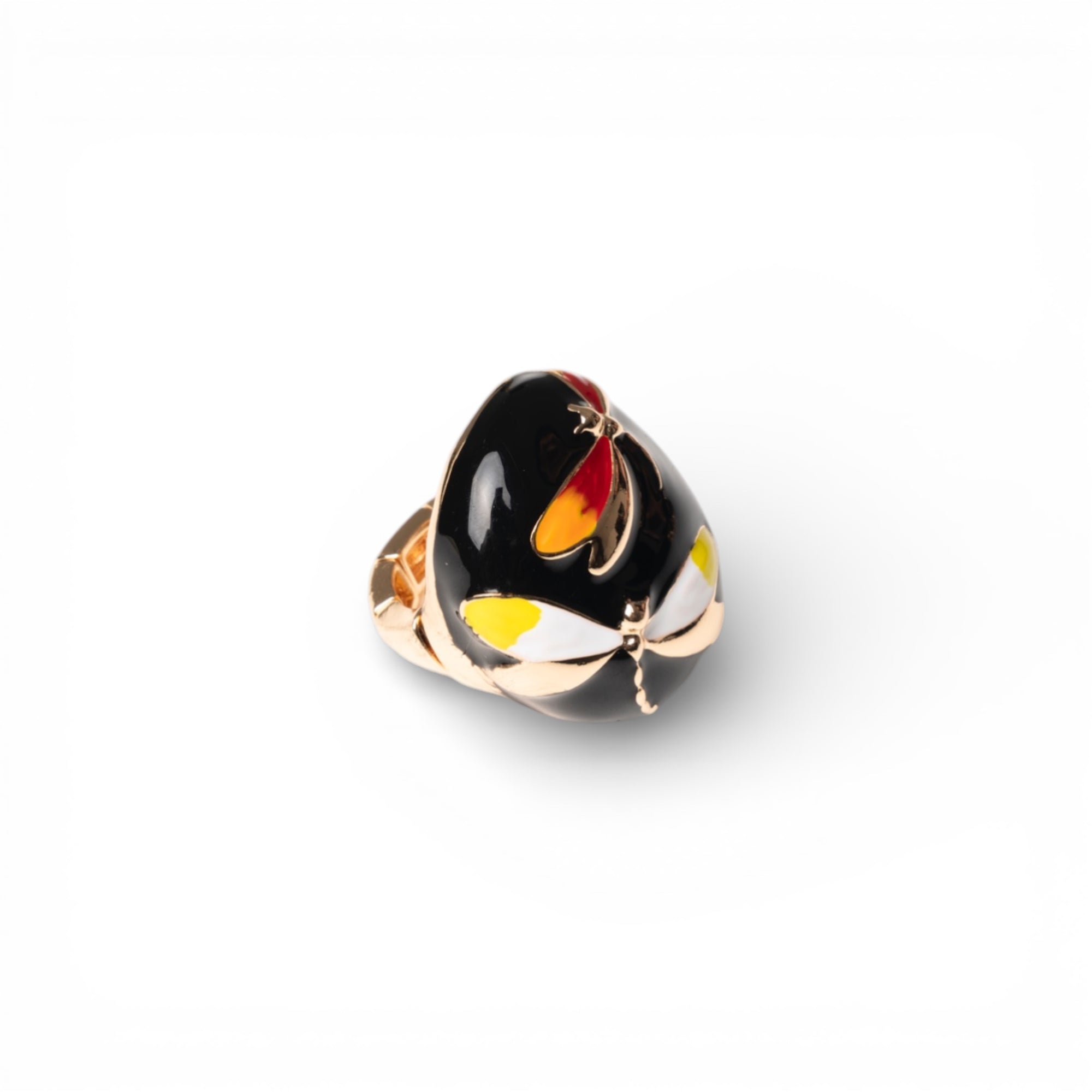 Anello in metallo elastico smaltato nero con design a libellula - Mya Accessories