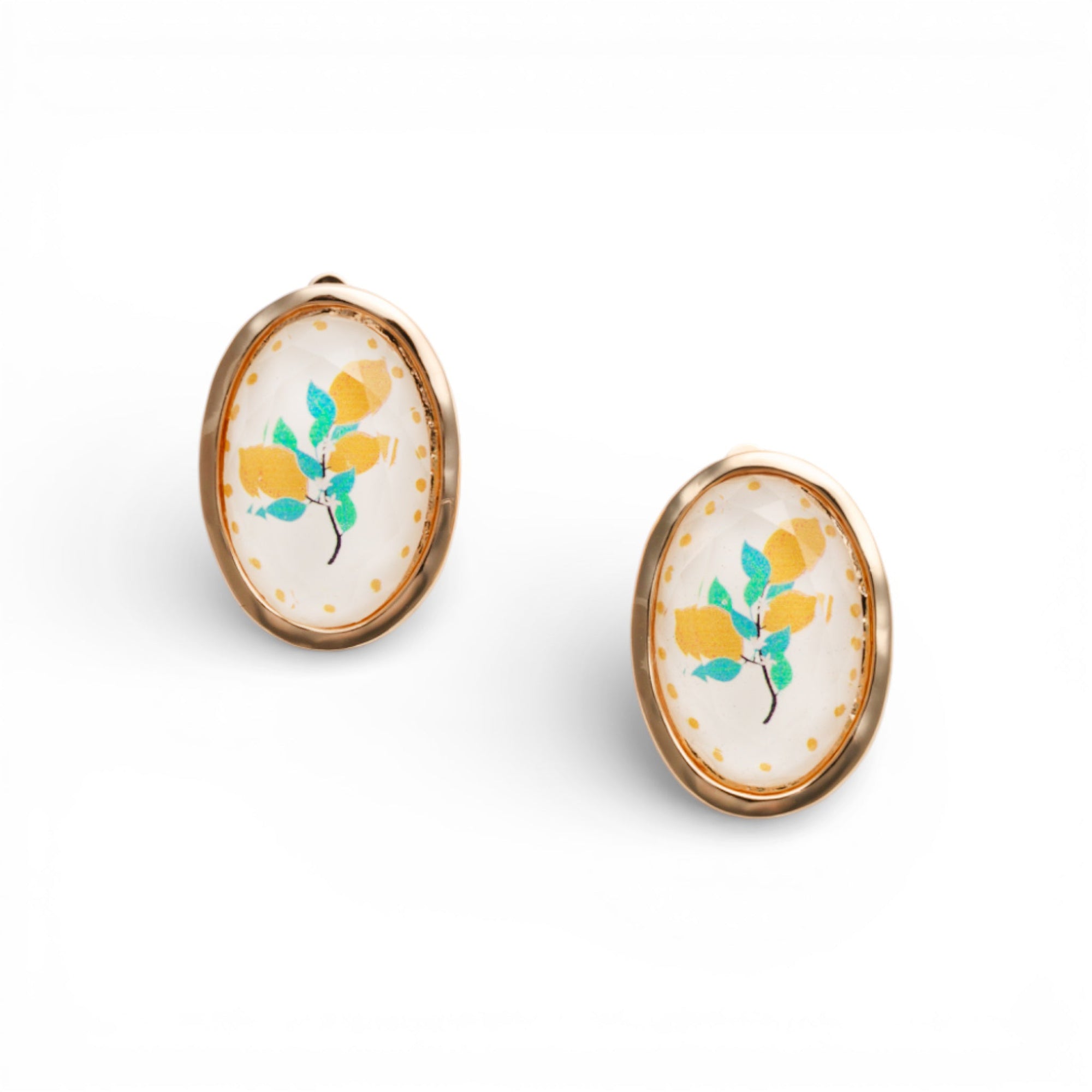 Orecchini a clip a pietra ovale con motivo pianta di limone in resina - Mya Accessories