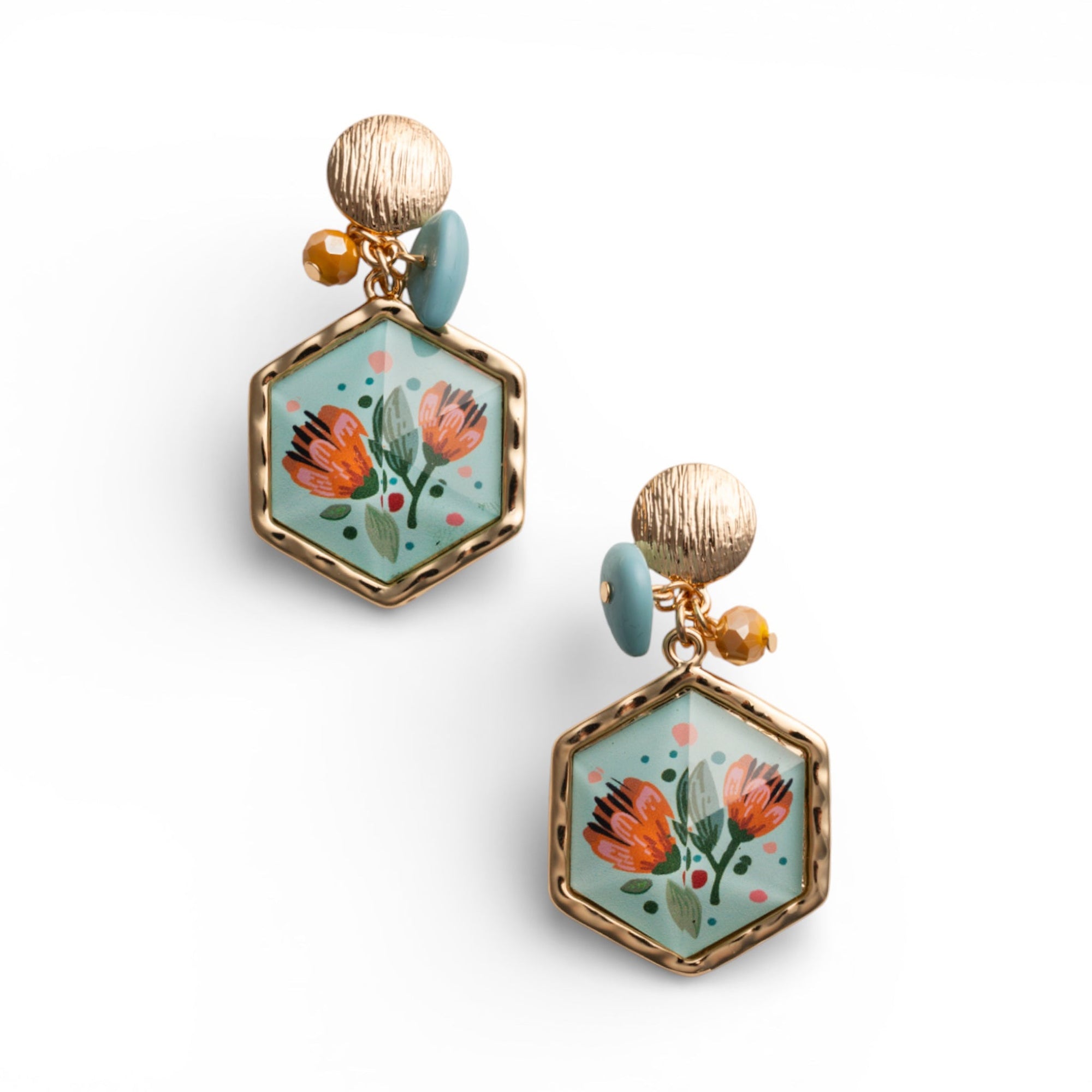 Orecchini pendenti con pietra esagonale motivo floreale in resina - Mya Accessories