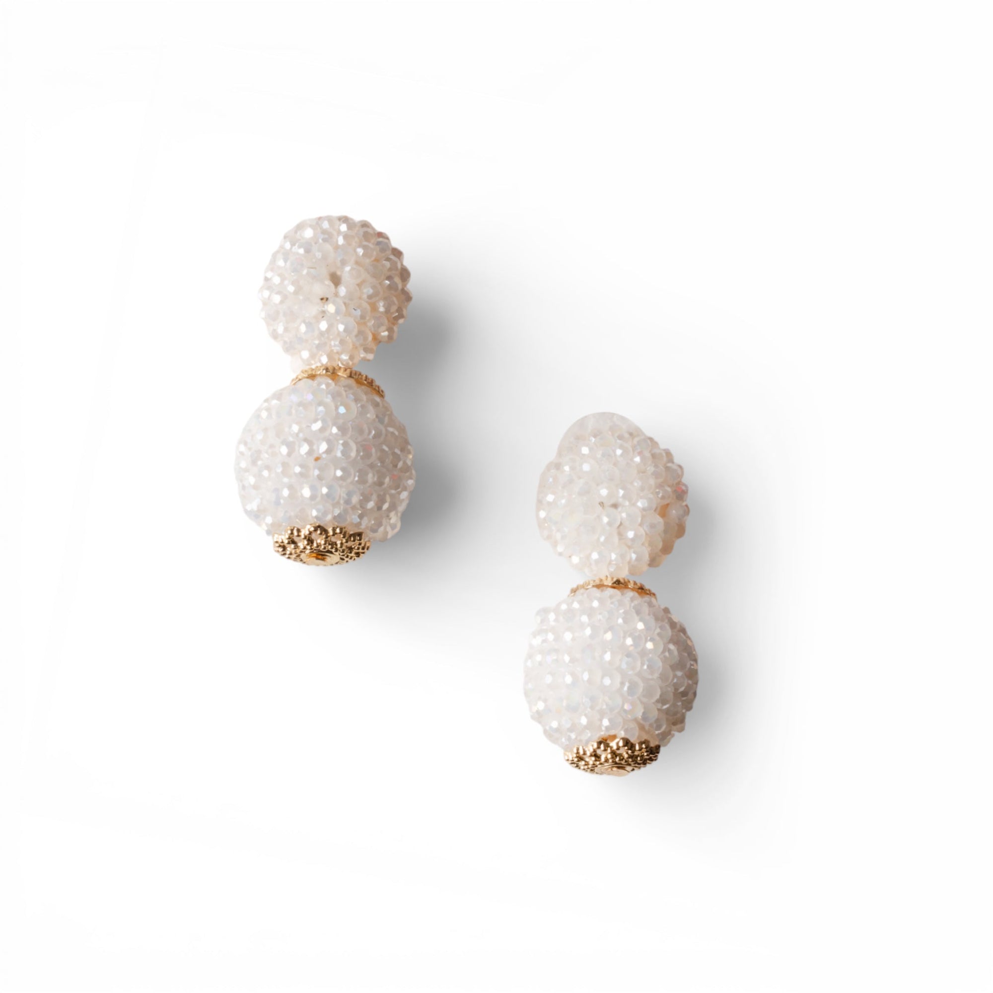 Orecchini pendenti con doppia sfera con pietre in vetro bianche - Mya Accessories