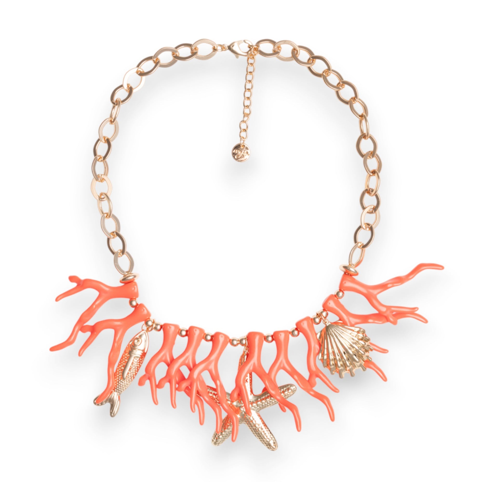 Collana girocollo con rami di corallo arancio in acrilico ed elementi marini in metallo pendenti - Mya Accessories