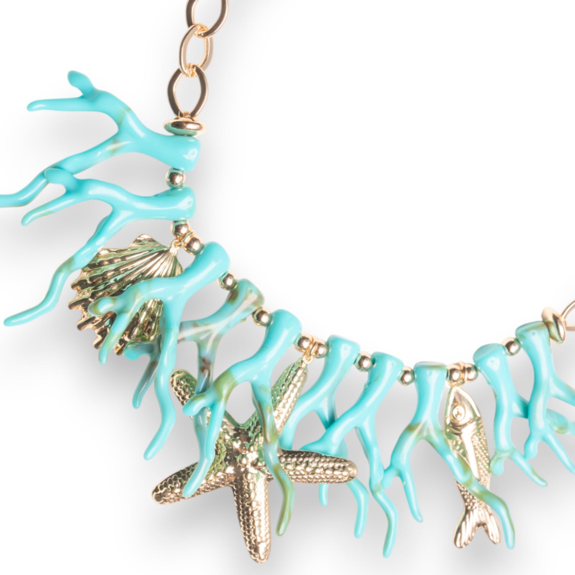 Collana girocollo con rami di corallo turchesi in acrilico ed elementi marini in metallo pendenti - Mya Accessories