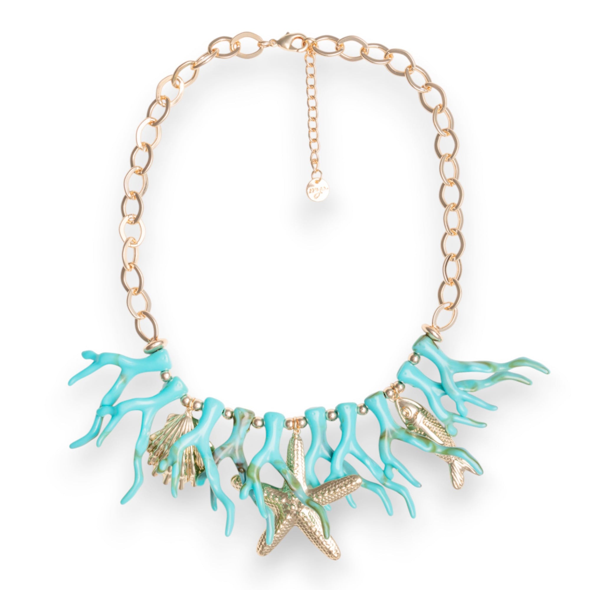 Collana girocollo con rami di corallo turchesi in acrilico ed elementi marini in metallo pendenti - Mya Accessories
