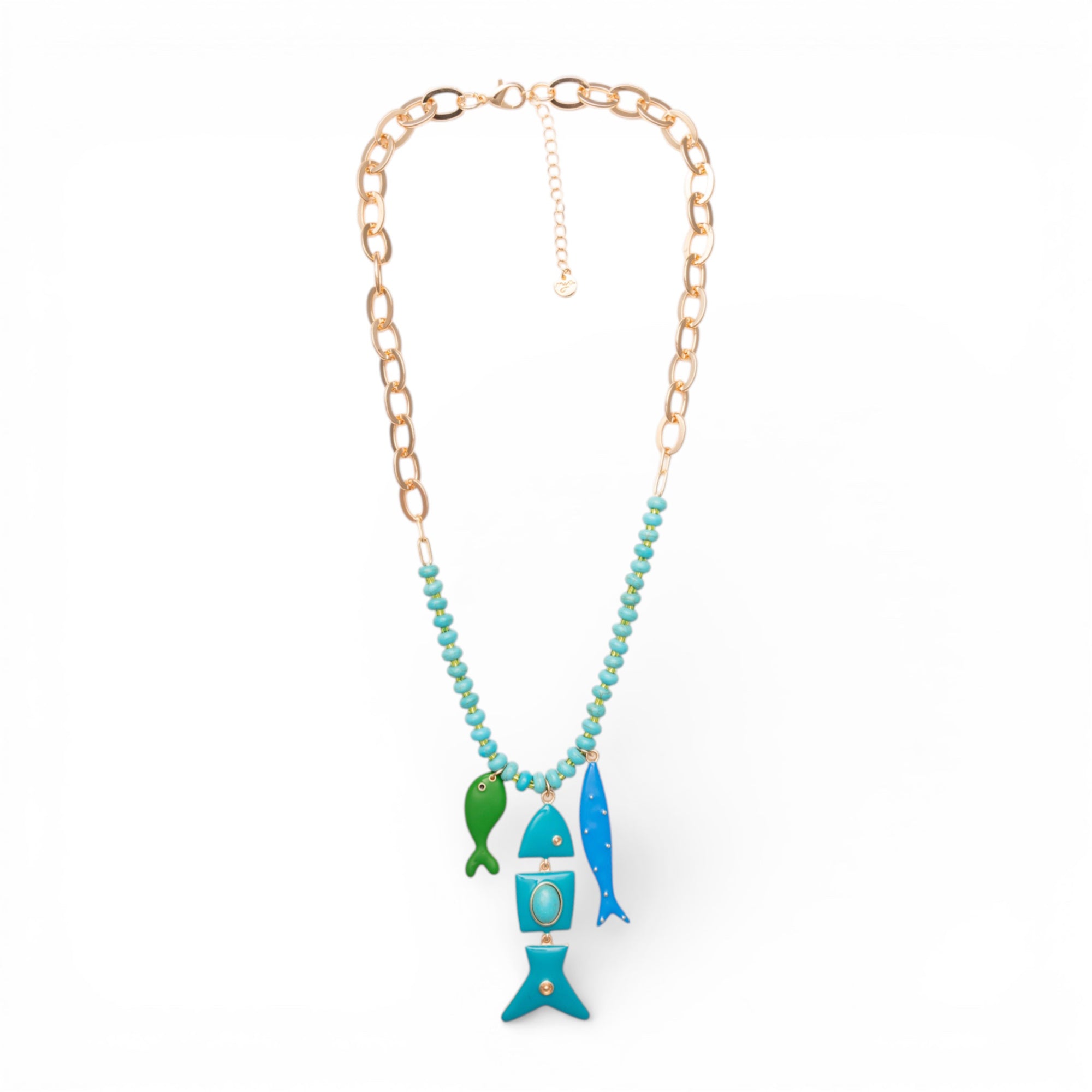Collana a catena con pietre in vetro turchesi, con pendenti marini smaltati - Mya Accessories