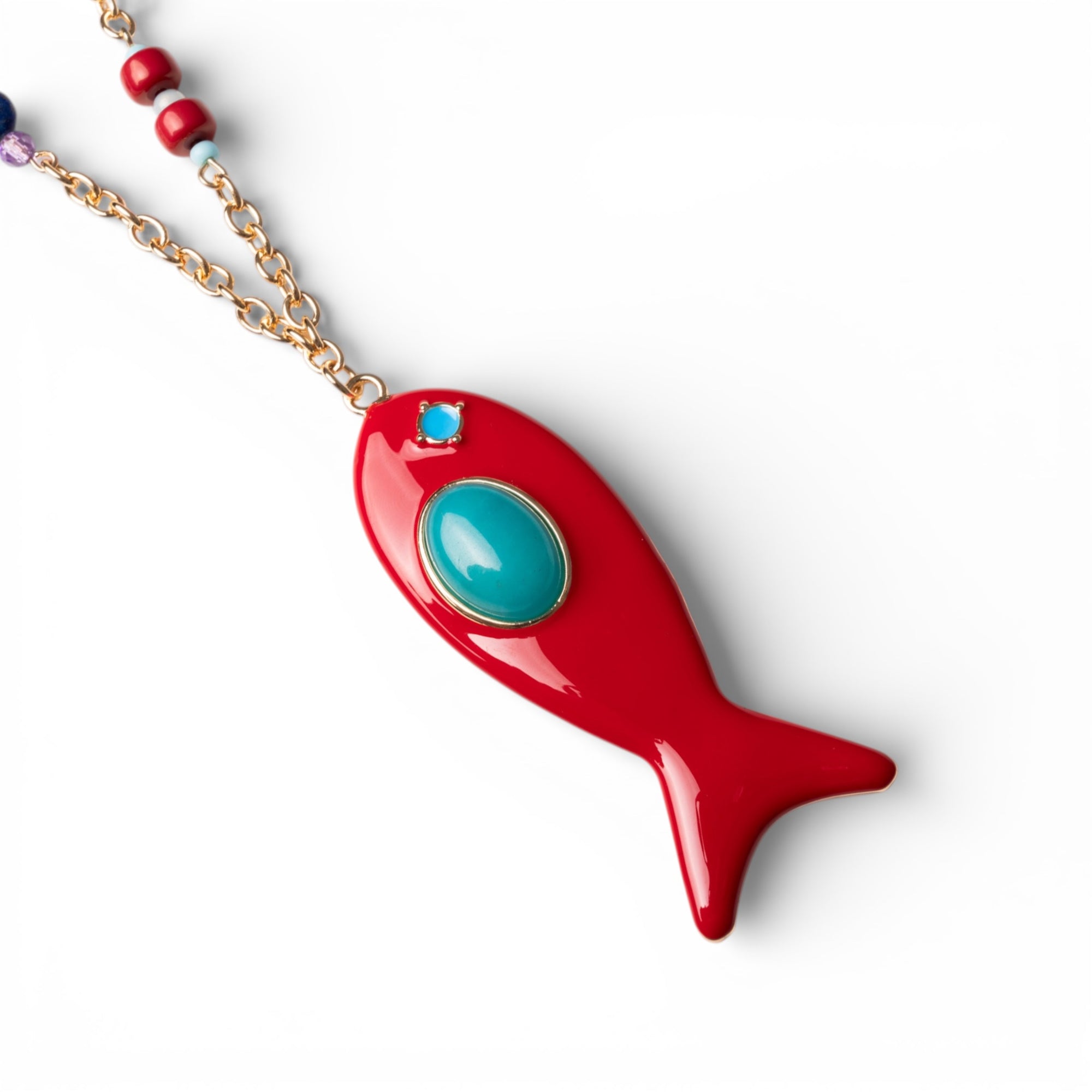 Collana lunga a catena sottile con pendente pesciolino smaltato rosso - Mya Accessories