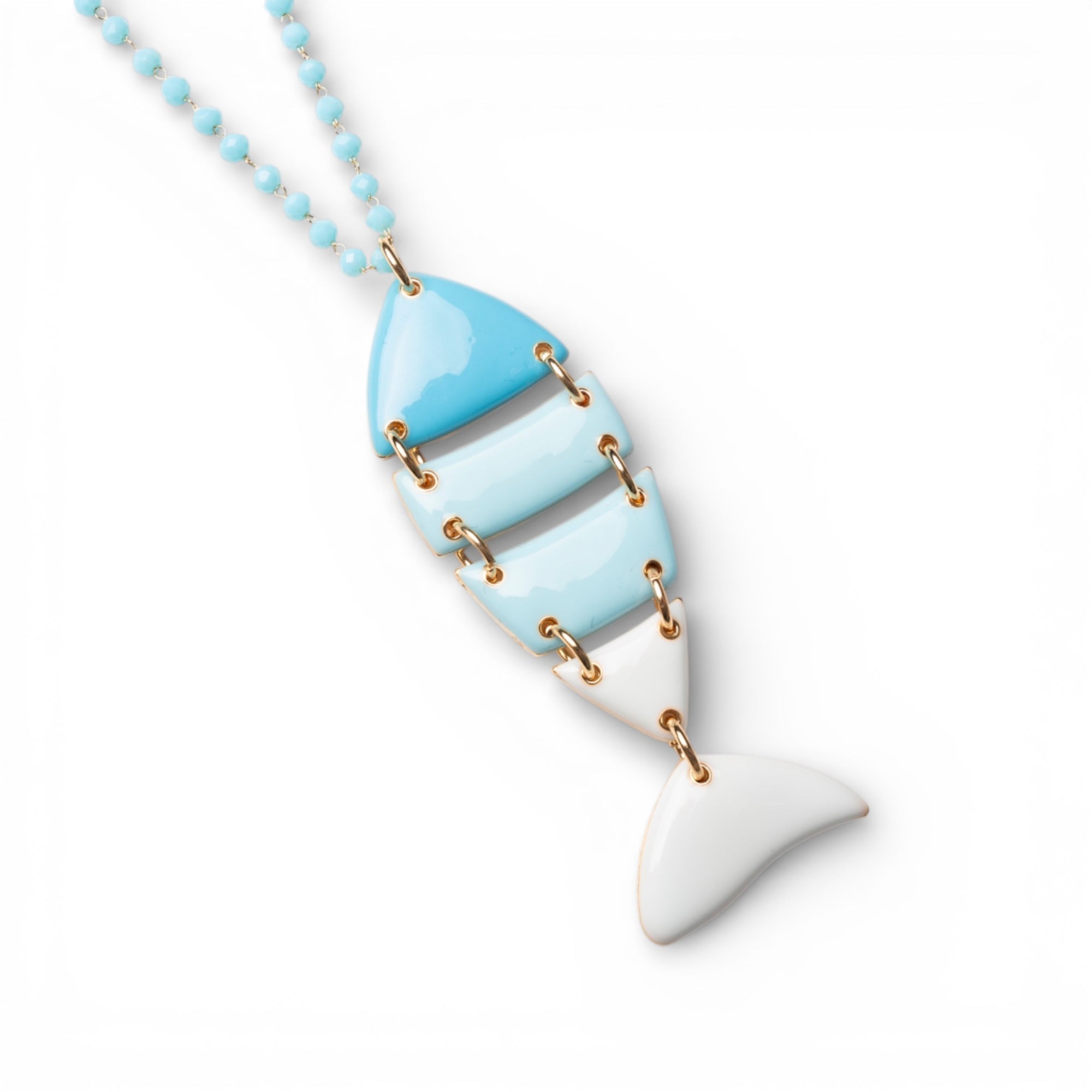 Collana lunga con pietre in vetro azzurre e pendente a pesciolino smaltato - Mya Accessories