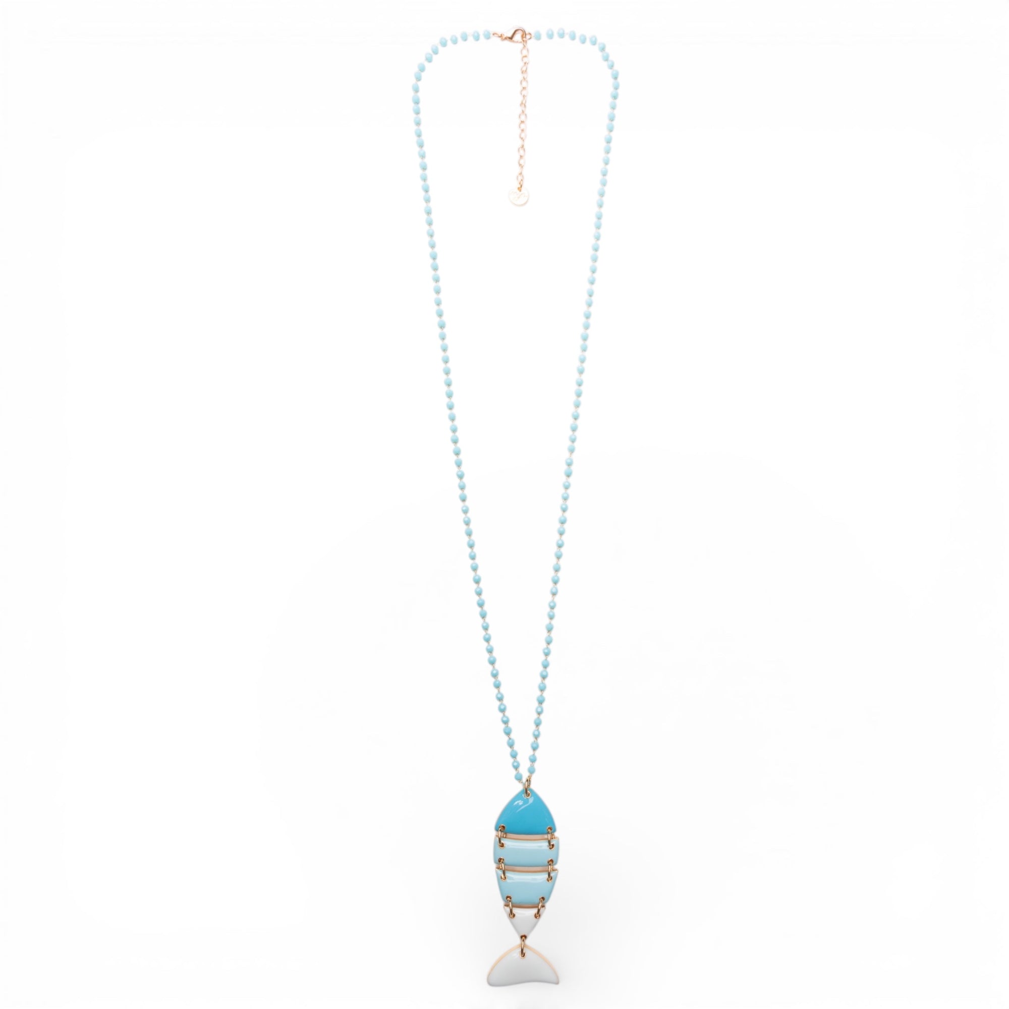 Collana lunga con pietre in vetro azzurre e pendente a pesciolino smaltato - Mya Accessories