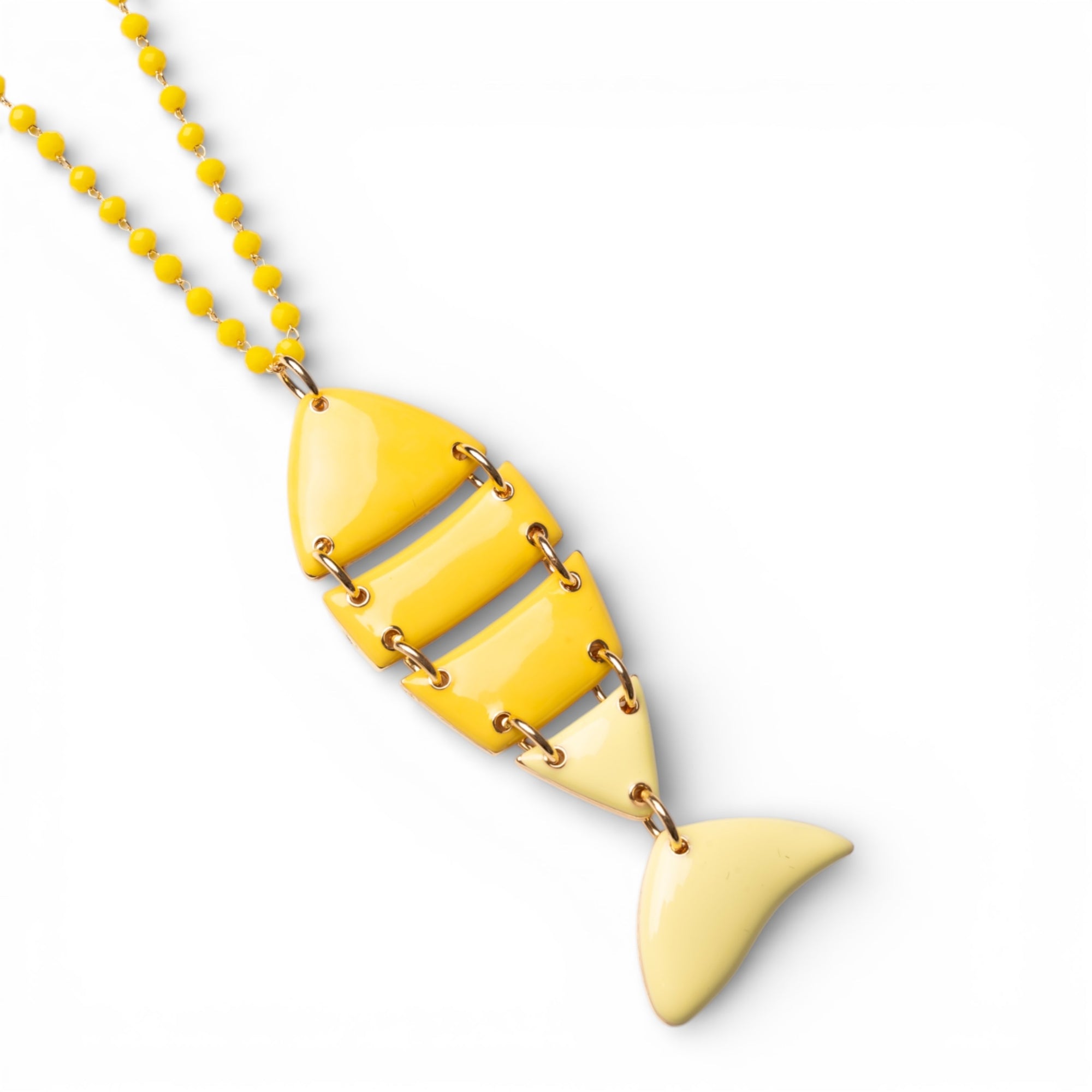 Collana lunga con pietre in vetro gialle e pendente a pesciolino smaltato - Mya Accessories