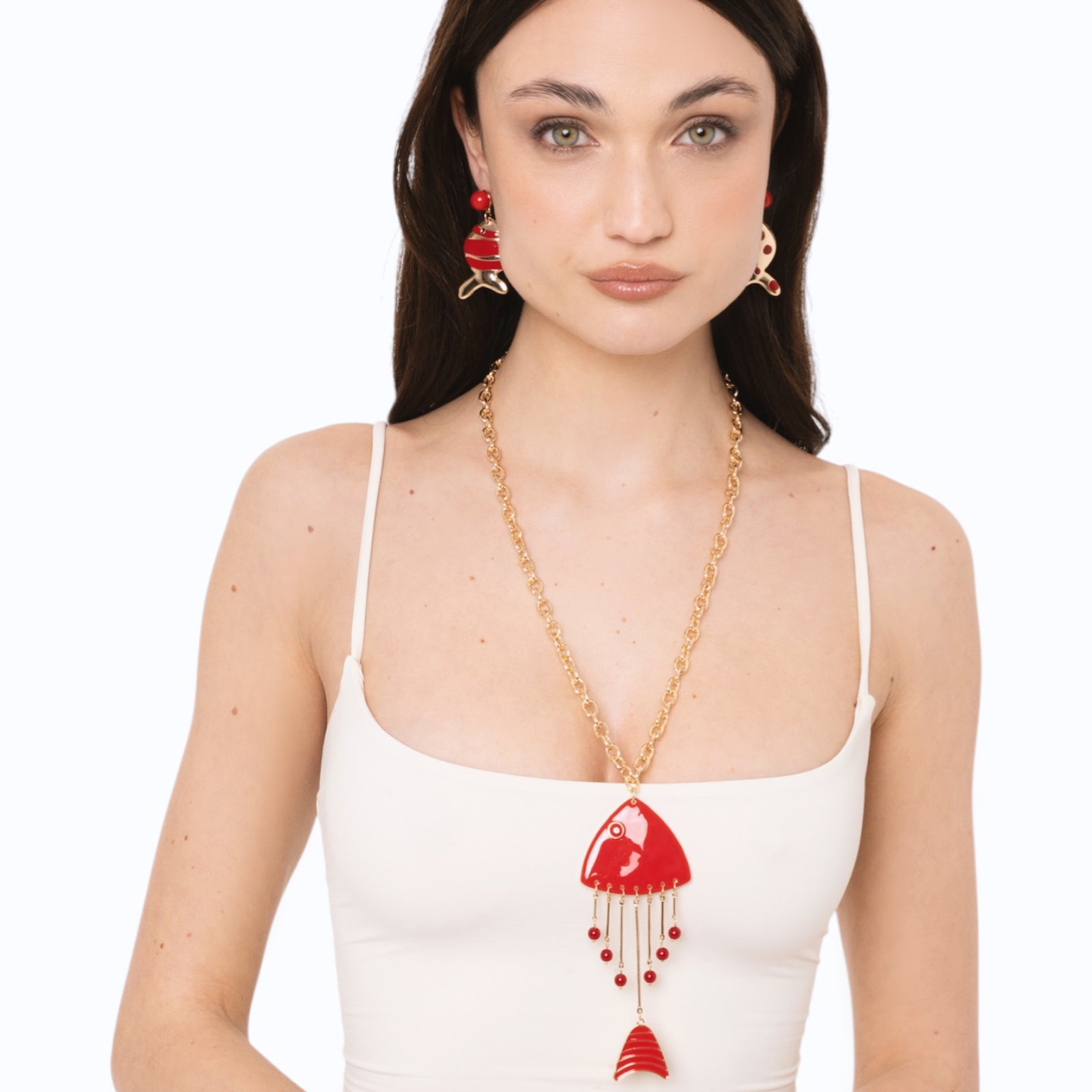 Collana lunga a catena sottile con pendente pesciolino smaltato rosso - Mya Accessories